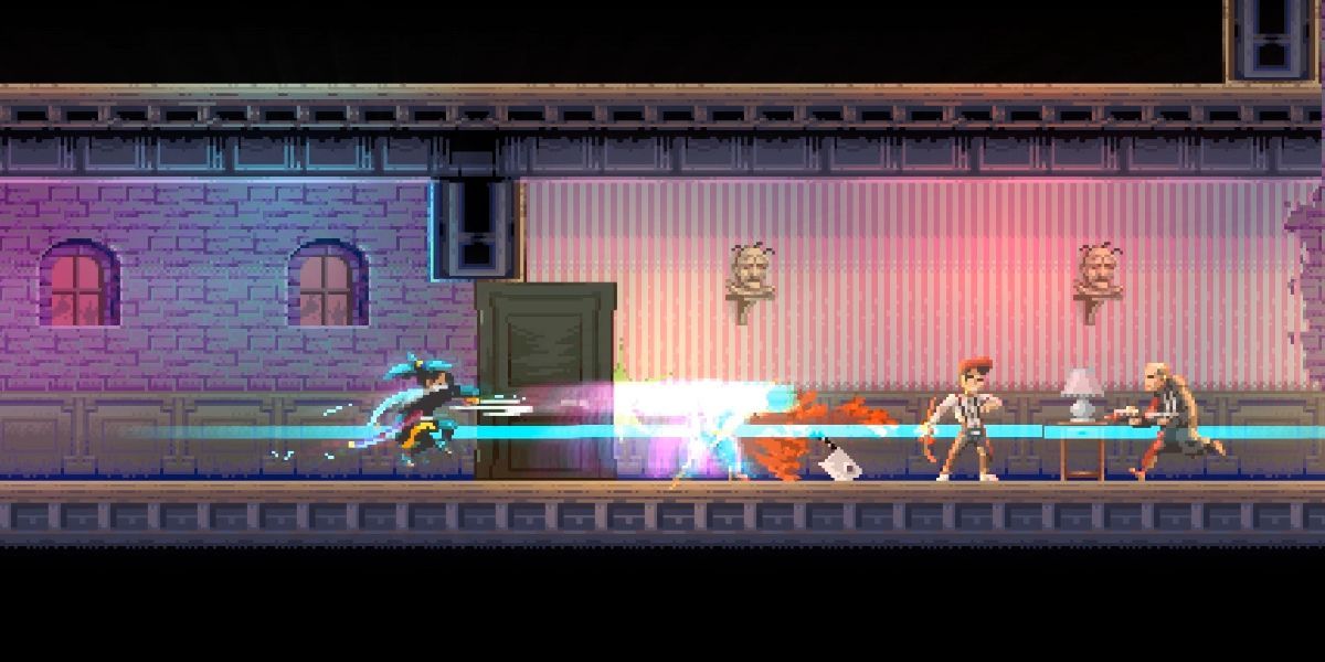 Katana Zero gameplay screenshot of protagonist Zero attacking two enemies on a street