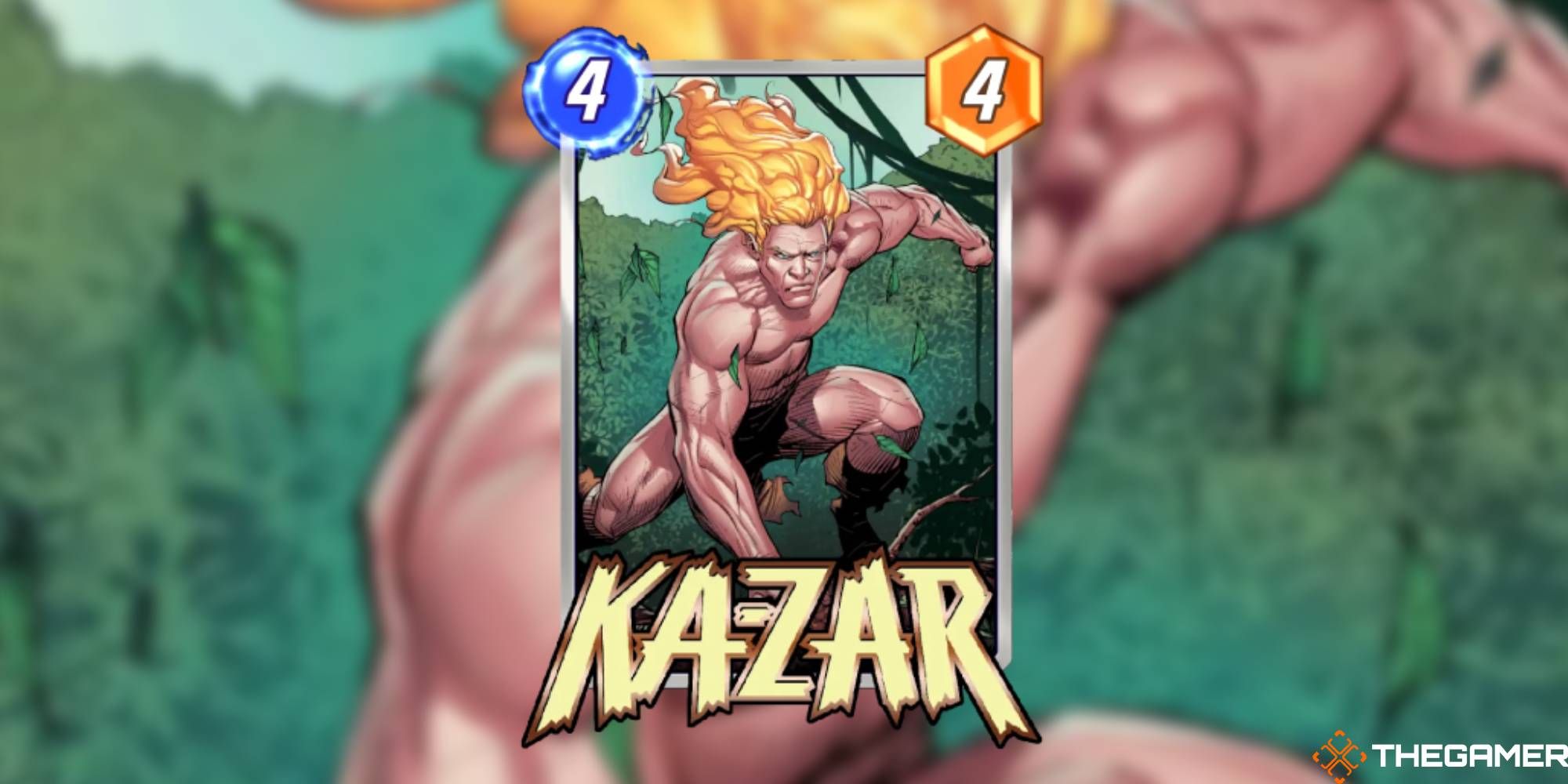 Kazar from Marvel Snap, Base Variant, looking determined while on one knee