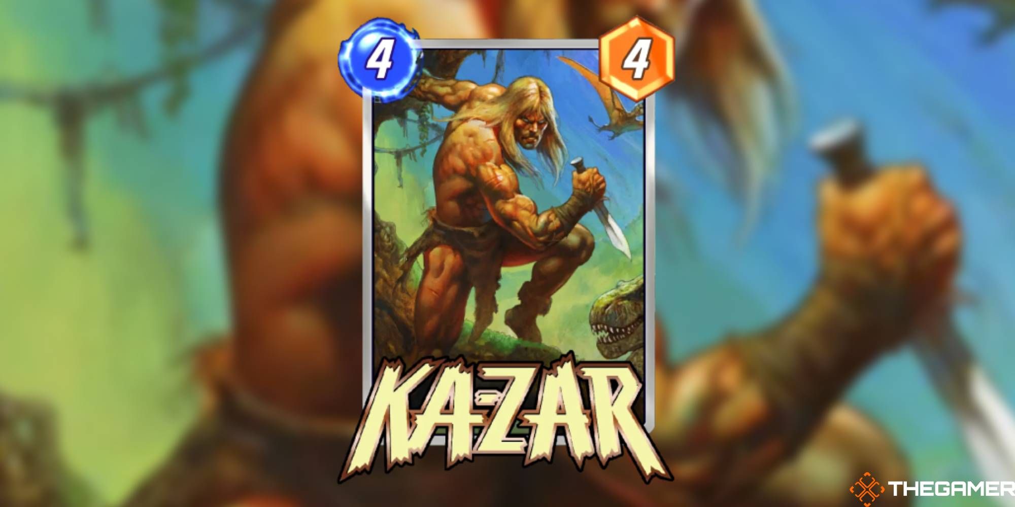 Kazar from Marvel Snap, Savage Land Variant, Ka-Zar hanging from a branch with a vicious look with dinosaurs in the background