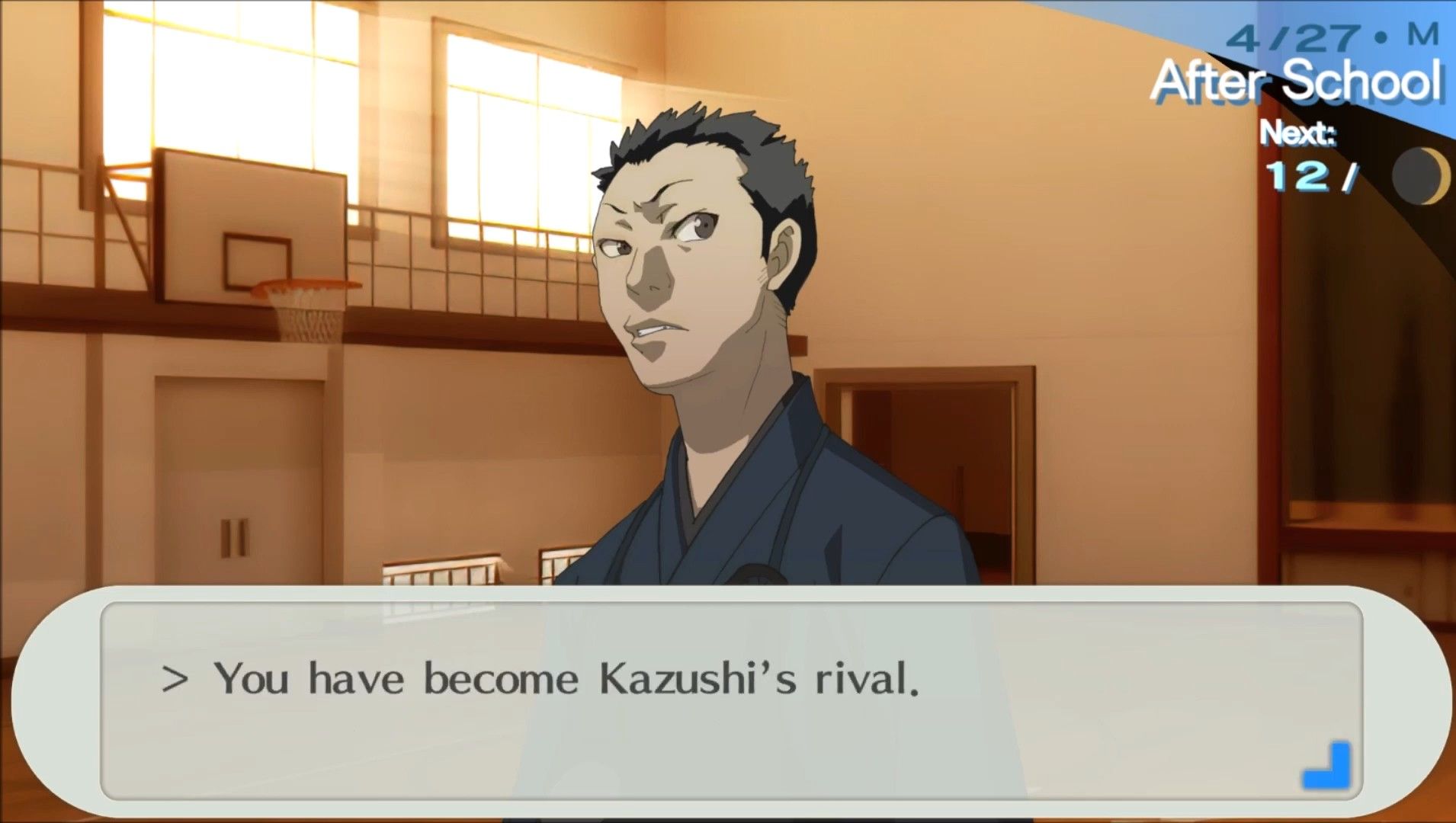 kazushi declaring the male protagonist his rival in persona 3 portable