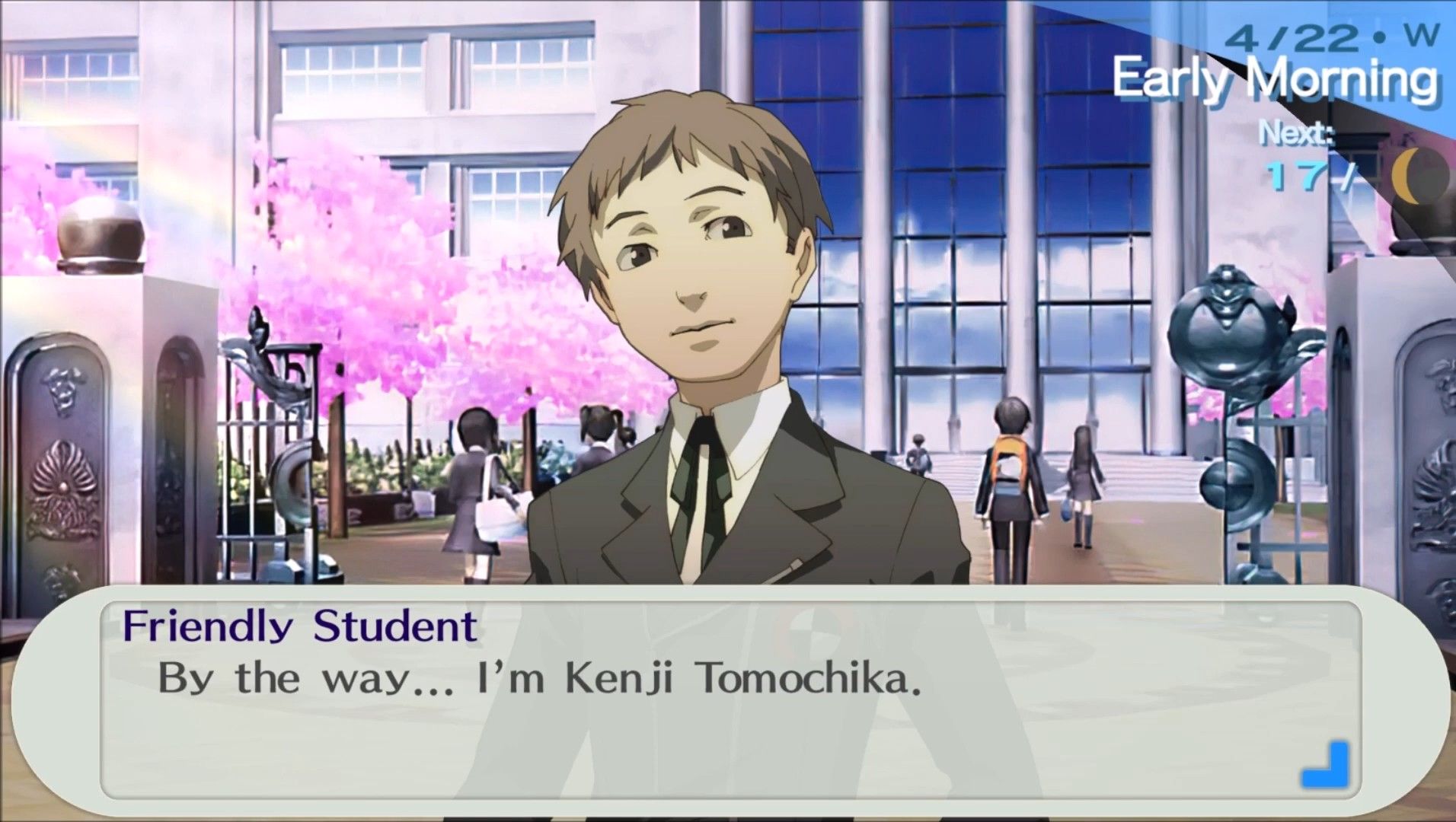 kenji introducing himself to the male protagonist in persona 3 portable outside of gekkoukan