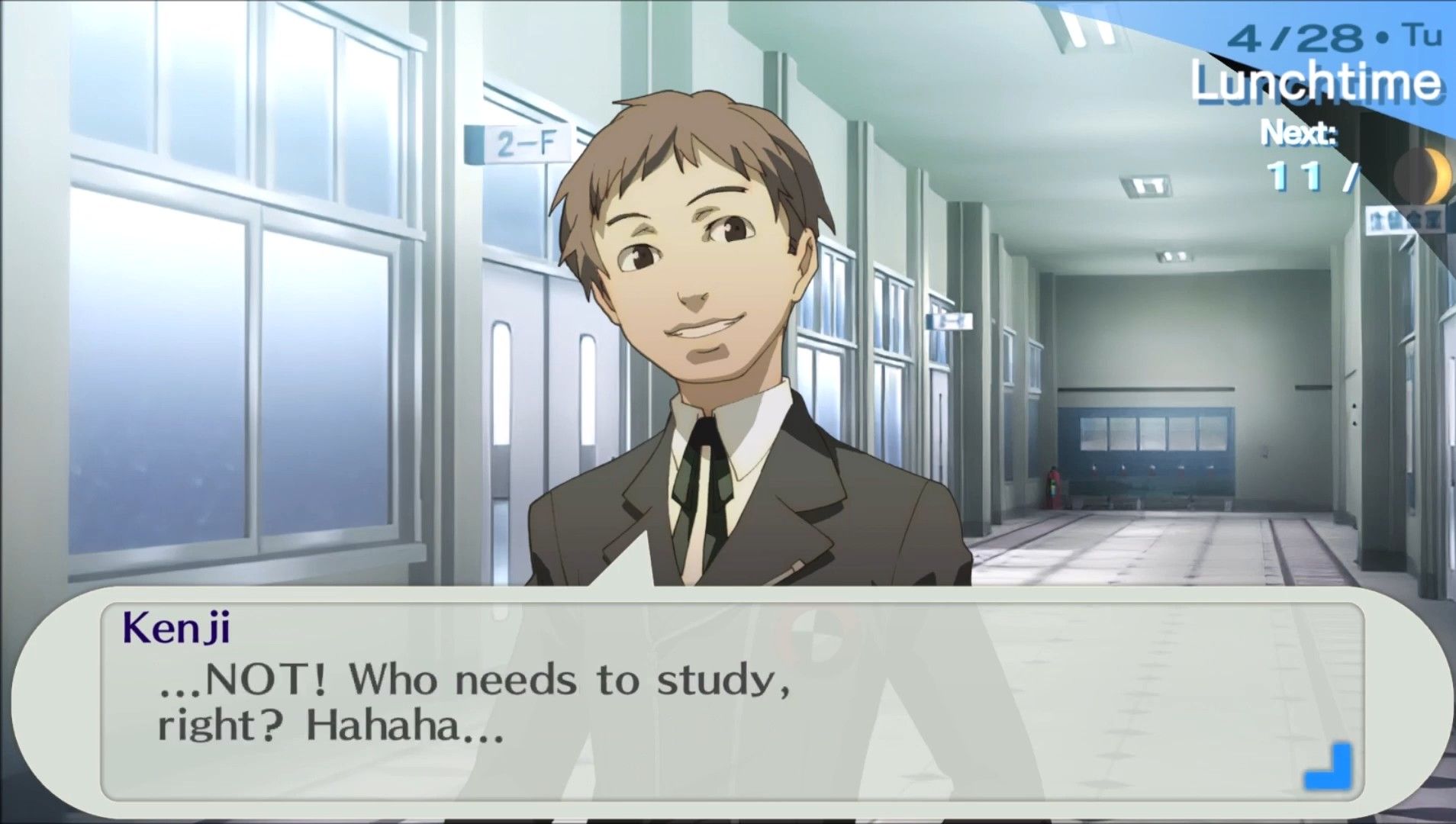 kenji joking about not studying during lunch at gekkoukan in persona 3 portable
