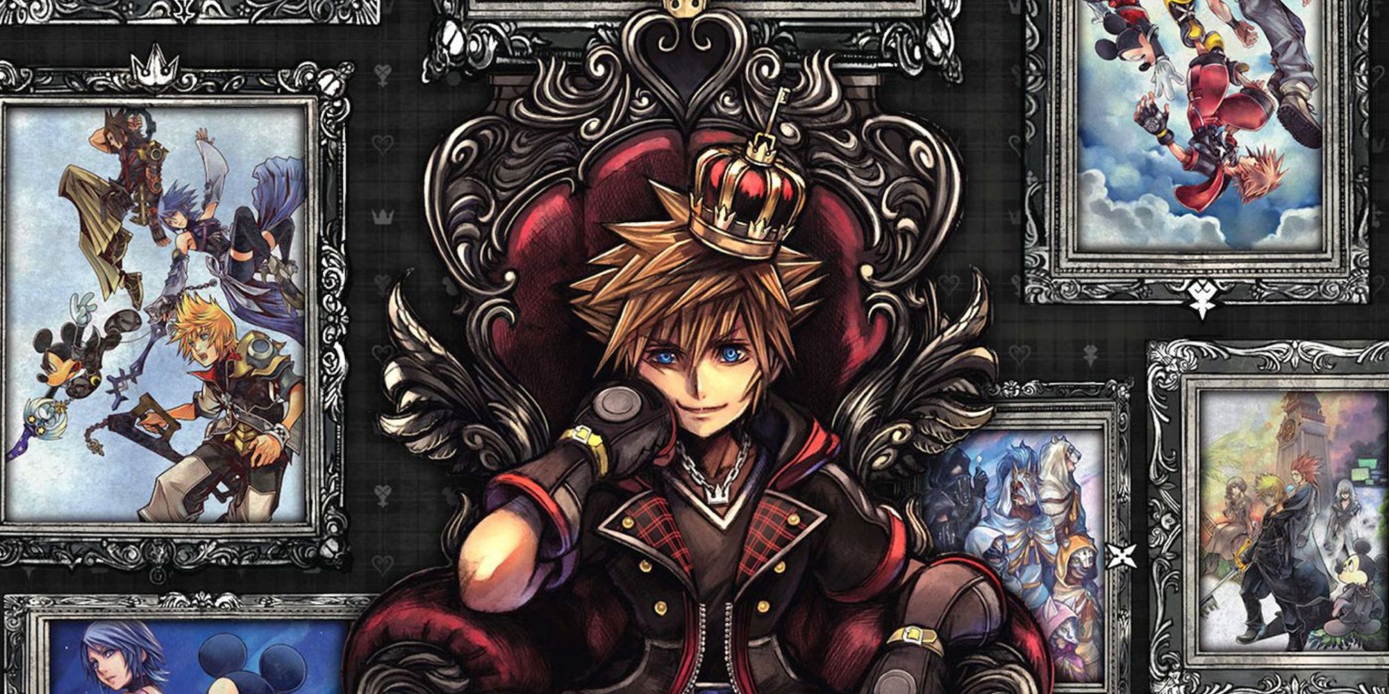 Kingdom Hearts All In One Package cover showing Sora wearing a crown and sitting on a throne.