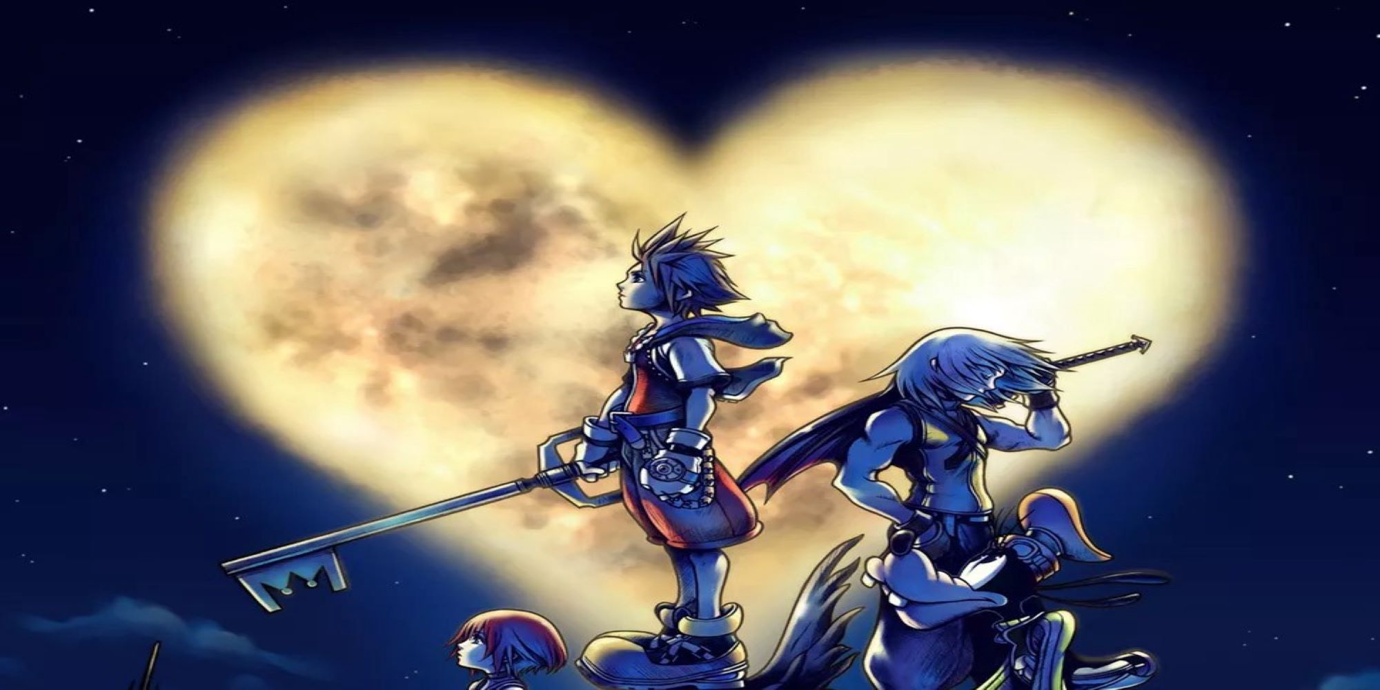 Key art from Kingdom Hearts showing Sora and Riku holding keyblades against a heart-shaped moon backdrop