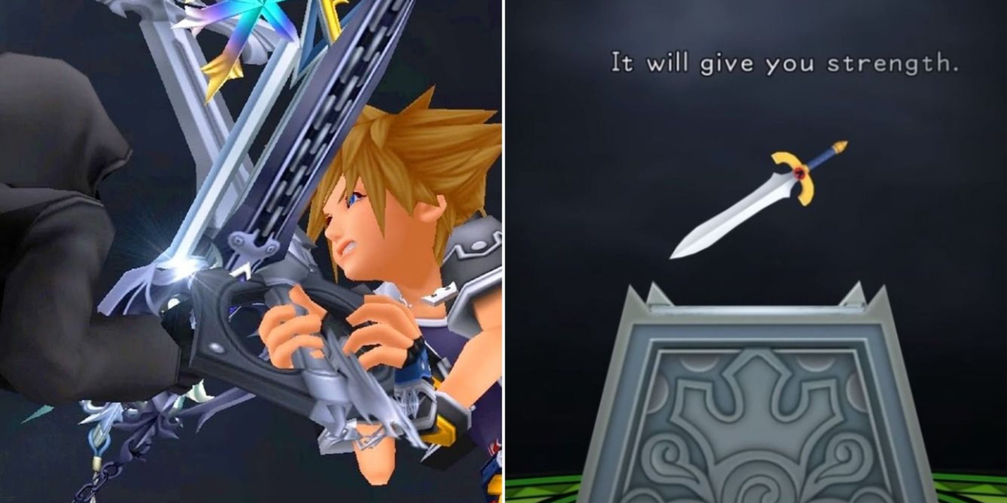 Kingdom Hearts Sora fighting an organisation member, and the sword pedestal