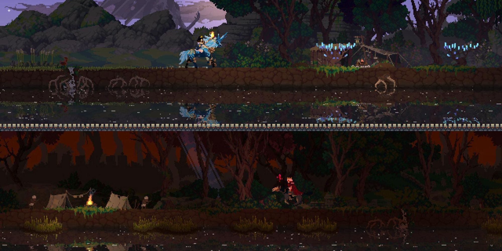 A split-screen image from Kingdom Two Crowns, in which two people ride horses through a forest.