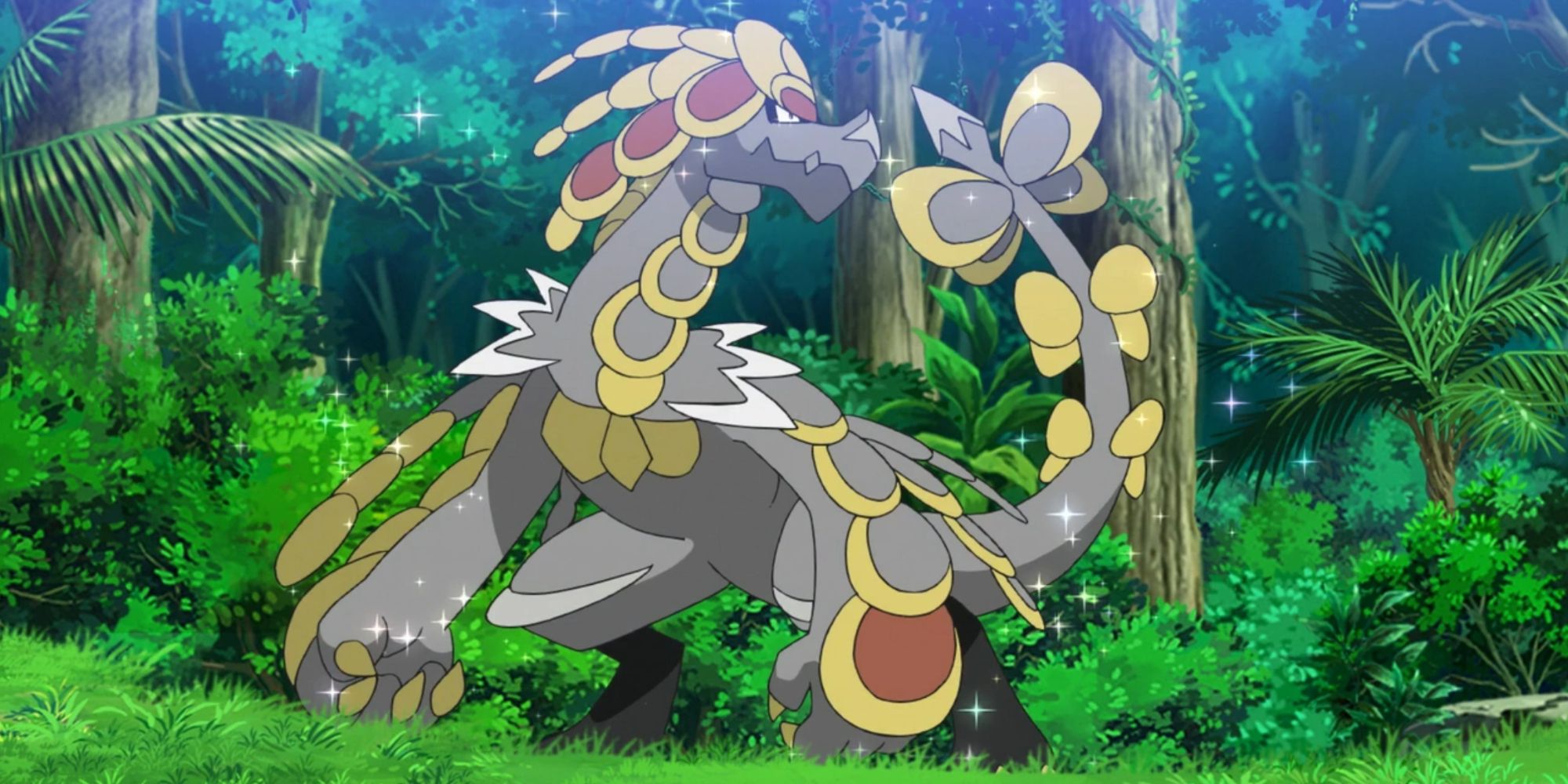Kommo-o posing in forest in Pokemon Anime