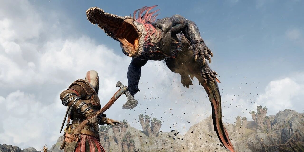 Kratos attacking a Dreki Monster flying at him in God of War Ragnarok.