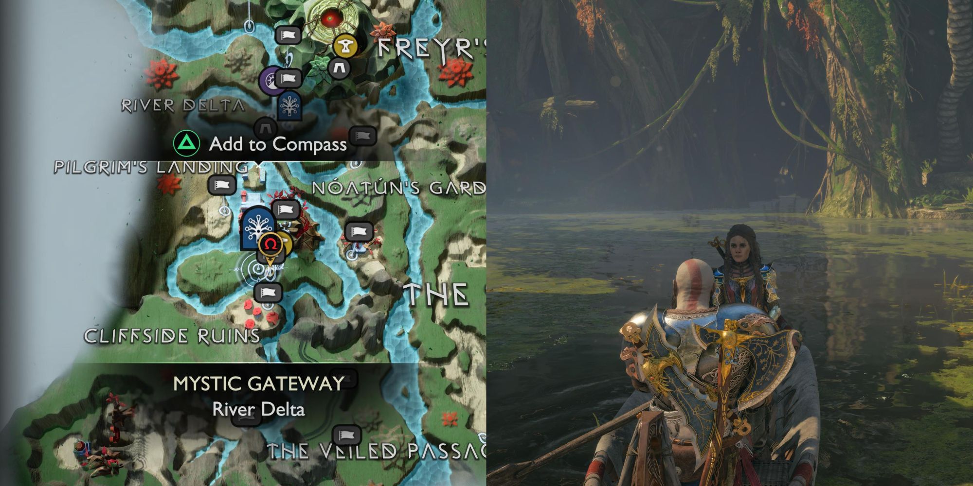Kratos rows through the River Delta towards the rift location in the River Delta