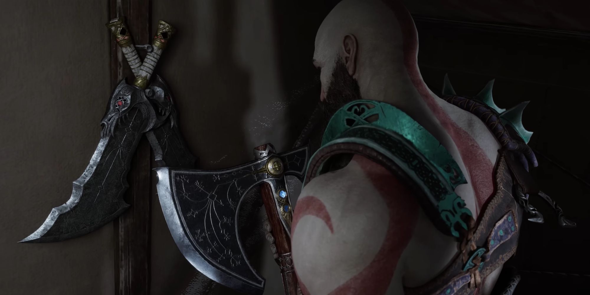 Kratos looking at The Leviathan and Blades of Chaos.
