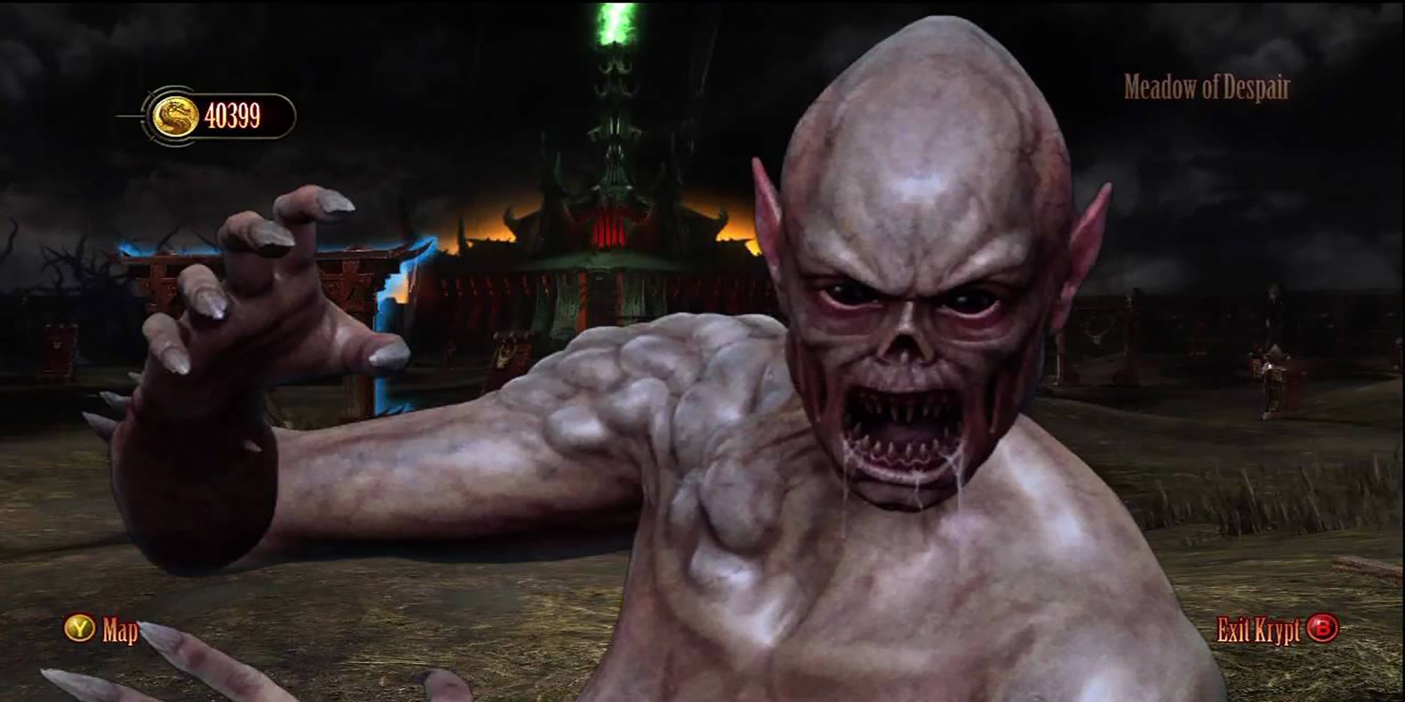The Krypt Monster, foaming at the mouth, leaps towards the player on the Meadow of Despair from Mortal Kombat 9.