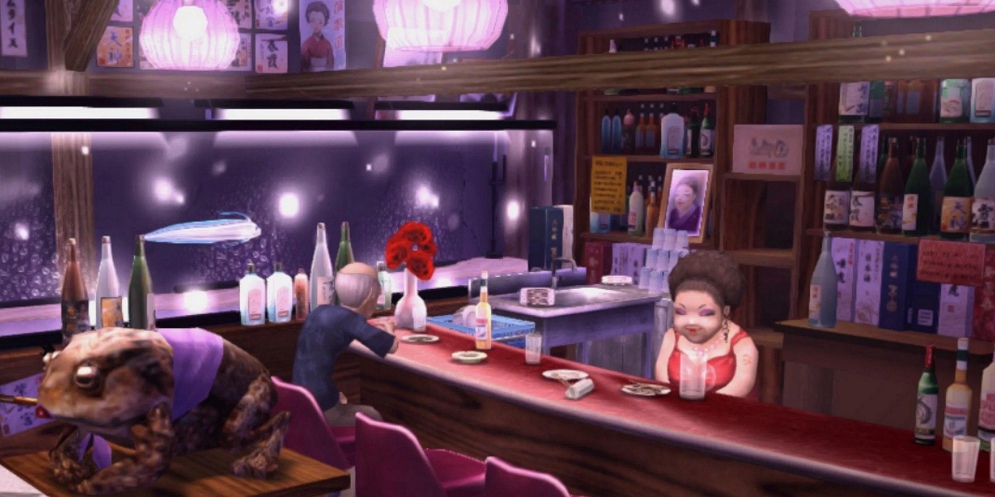 Lady Shiroku and a patron at the Shiroku Pub in Persona 4 Golden