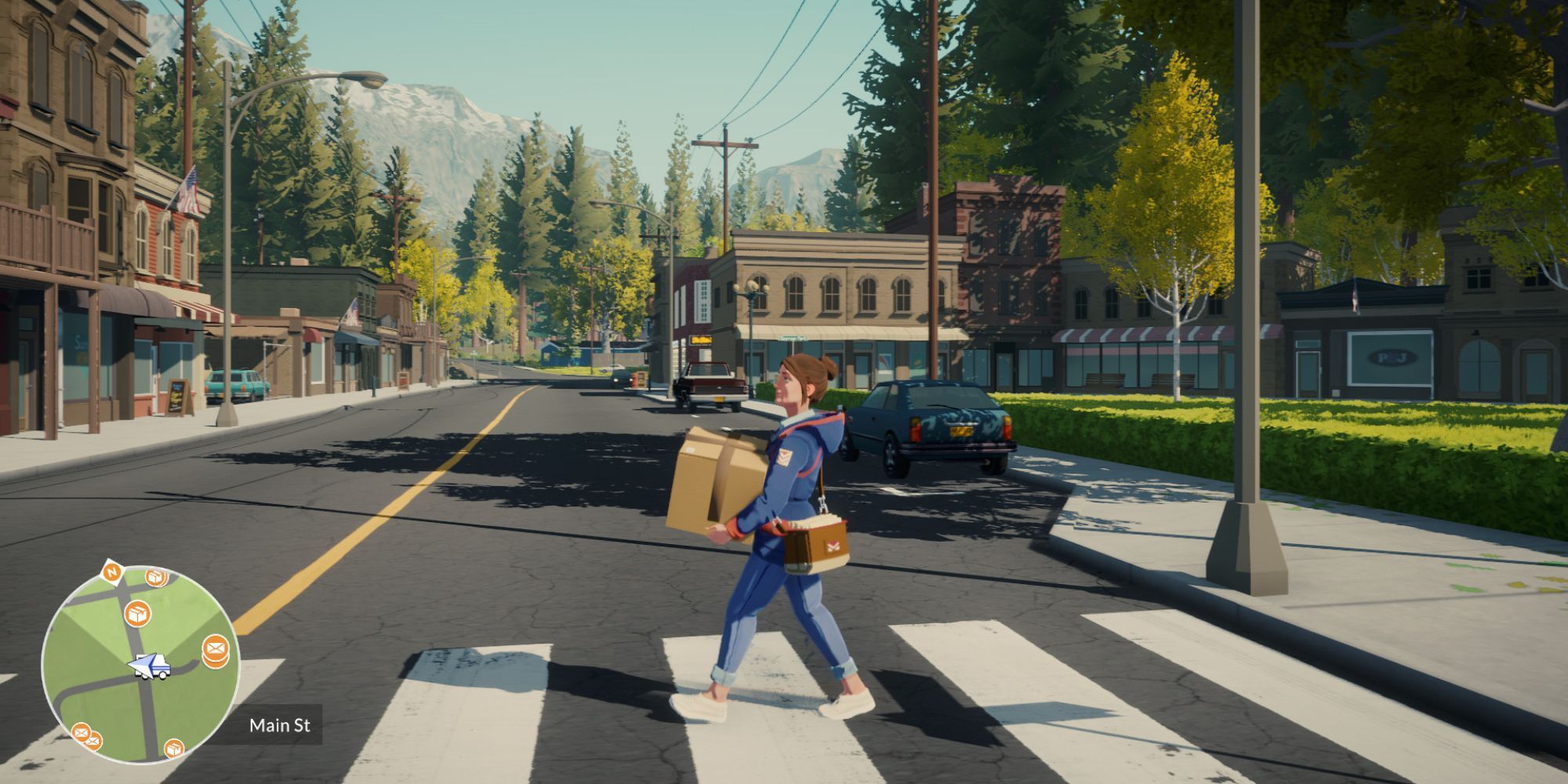 Meredith crossing street with package, wearing postal uniform in Lake