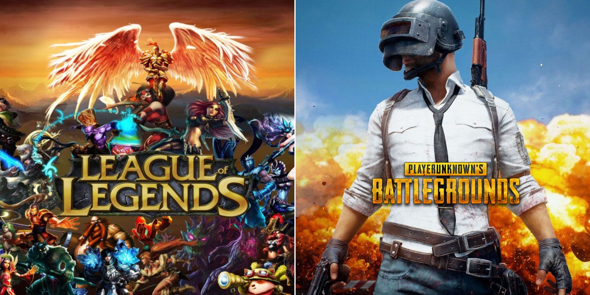 League of Legends characters and logo cover art (left) and PUBG covert art (right)