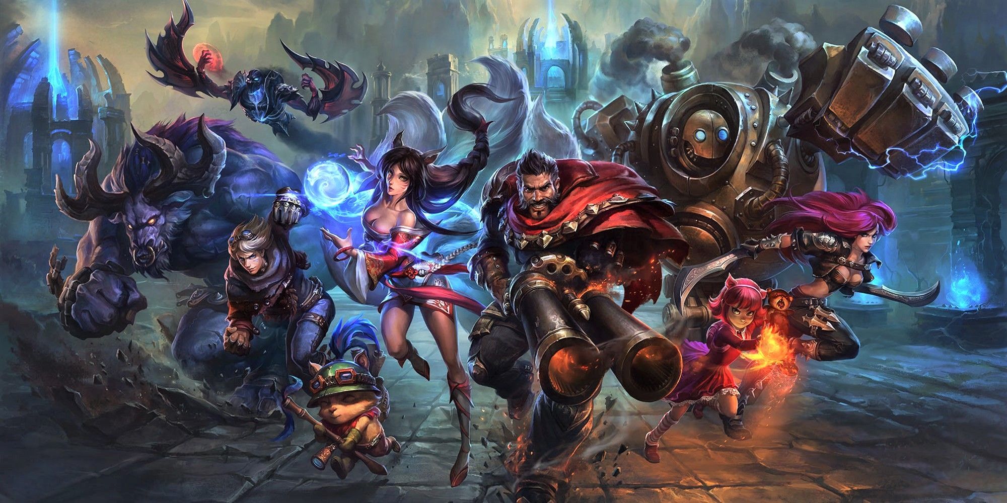 Multiple characters from League of Legends posing in action