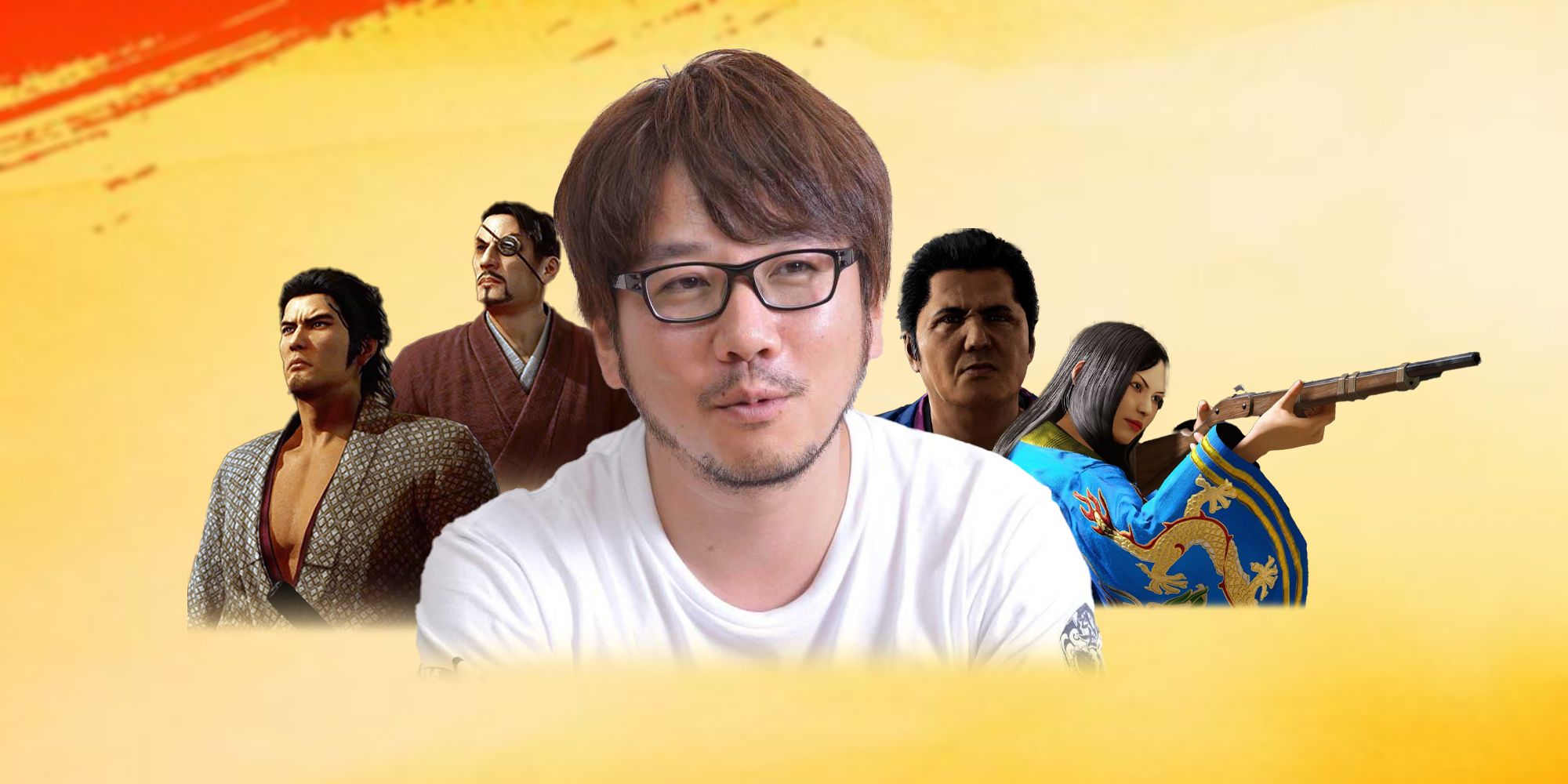 Hiroyuki Sakamoto's head shot beside several characters from Like a Dragon Ishin.