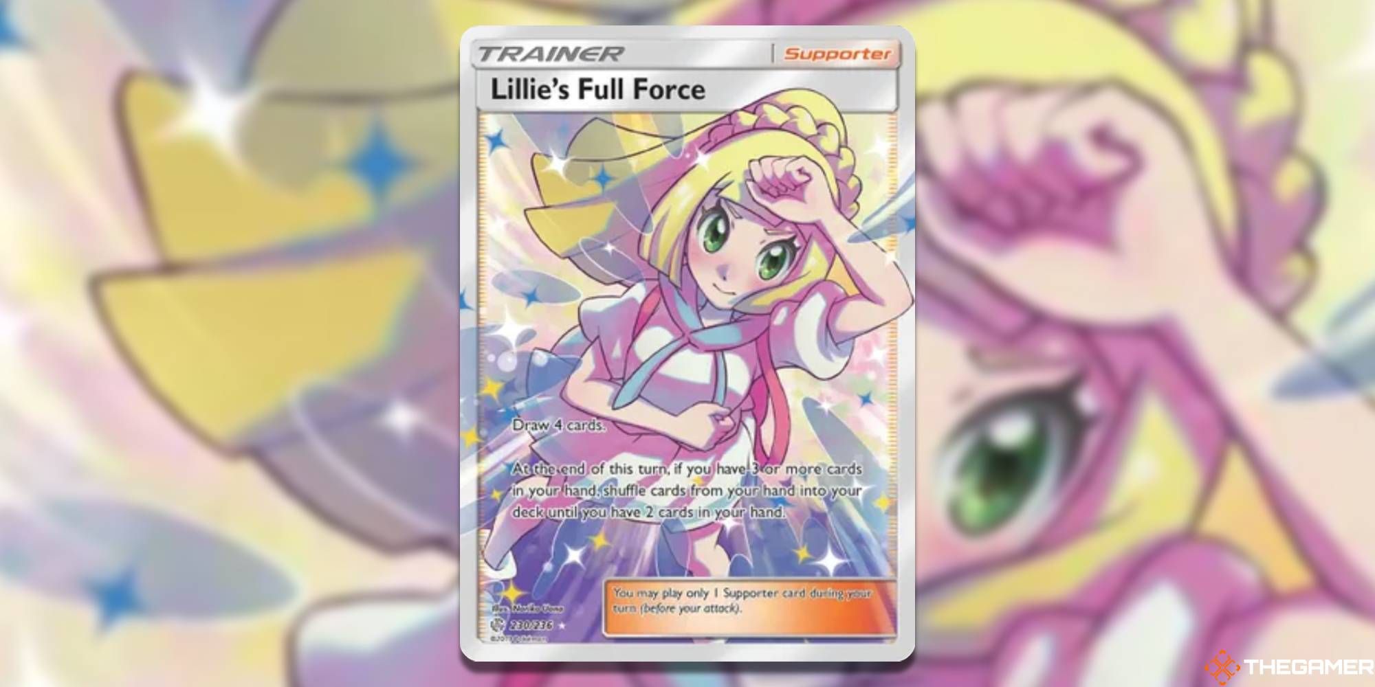 Pokemon TCG Full Art Lillie's Full Force from SM-Cosmic Eclipse with blurred background