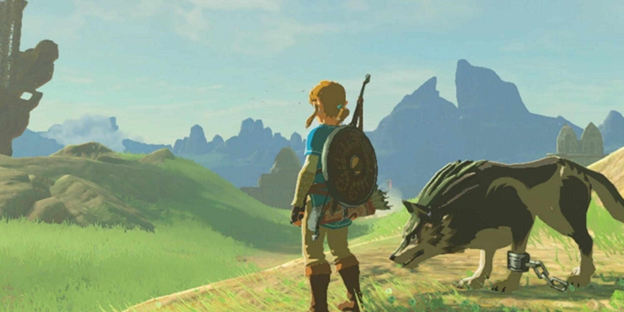 Link and Wolf Link standing on top of a hill in Breath of the Wild.