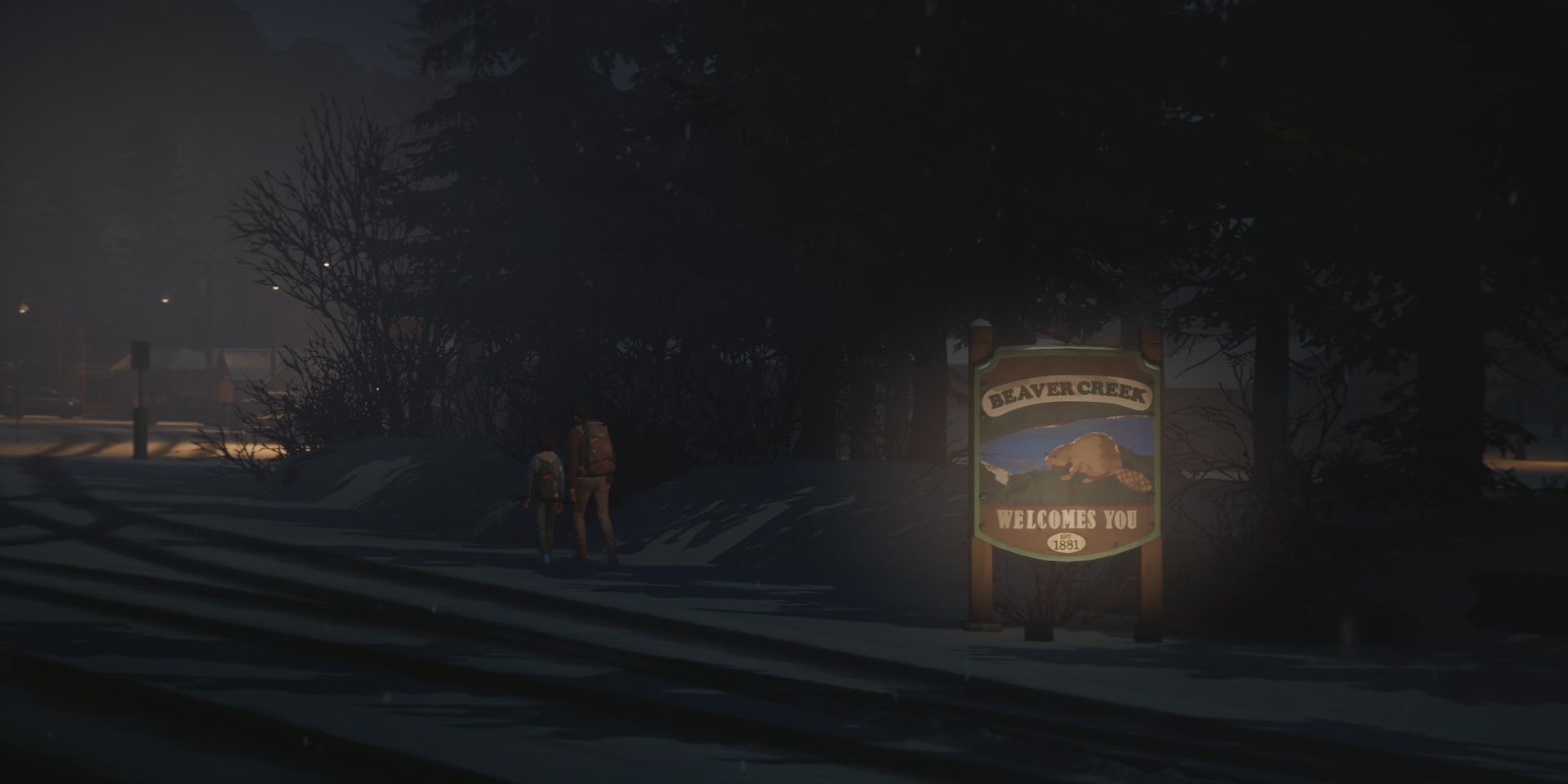 An image of the Beaver Creek sign on the road in Life is Strange 2