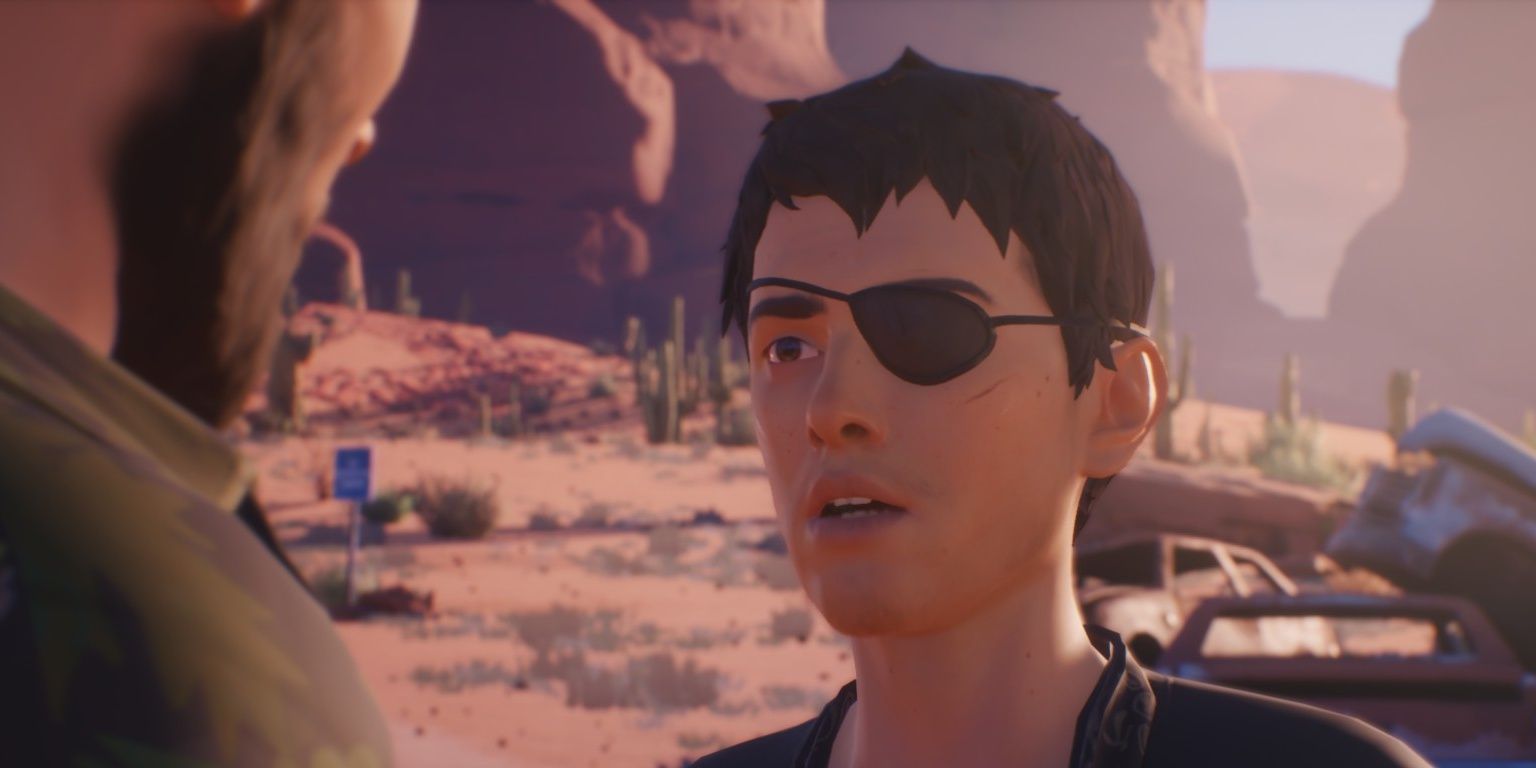 Sean who has an eyepatch talks to a man in Life is Strange 2