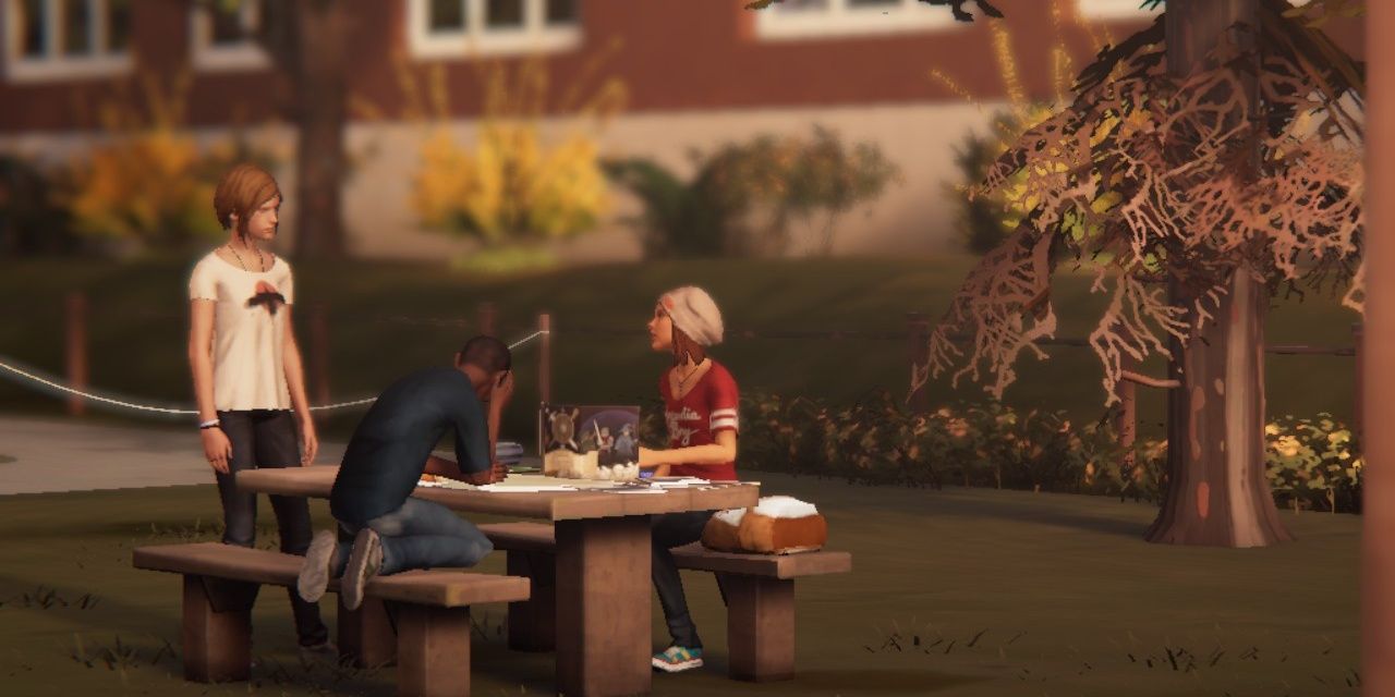 Chloe, Steph, and a young man playing a tabletop game in Before the Storm
