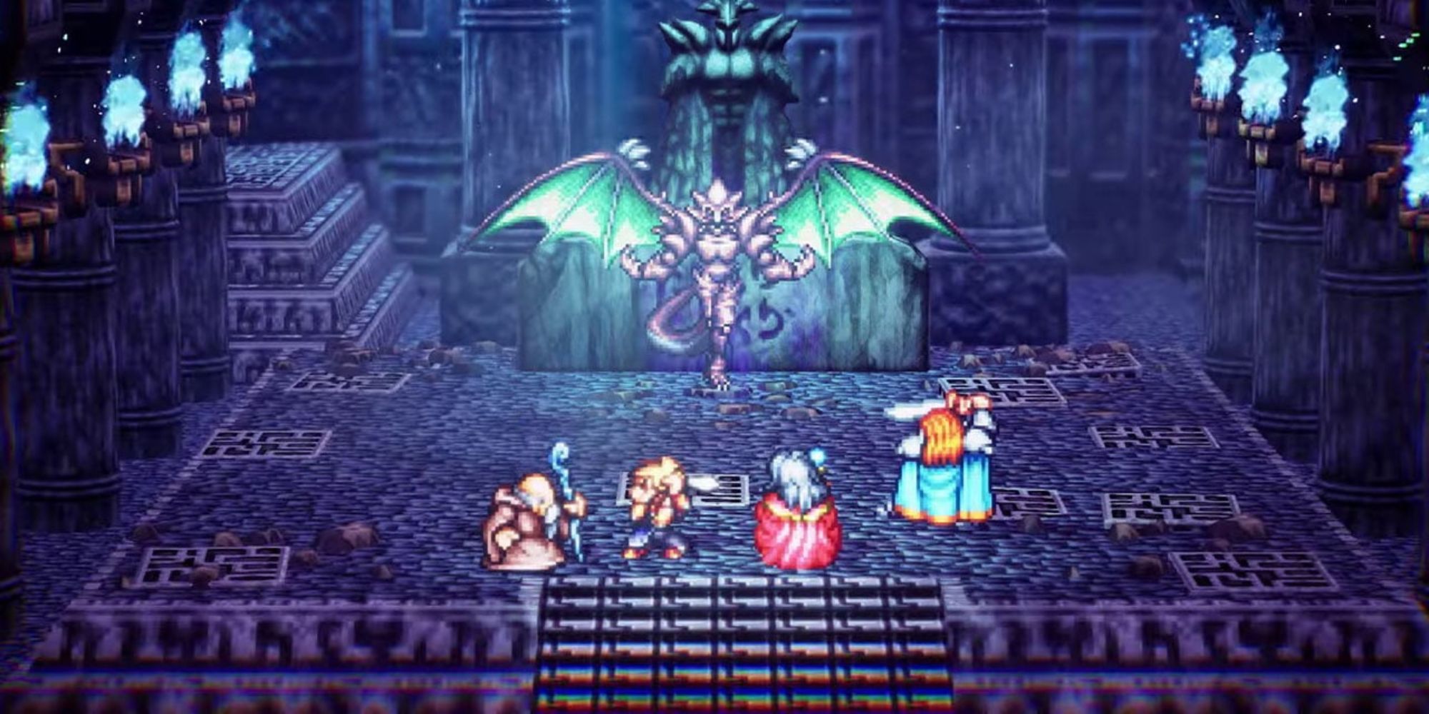 Live A Live screenshot featuring four characters engaged in a boss battle 