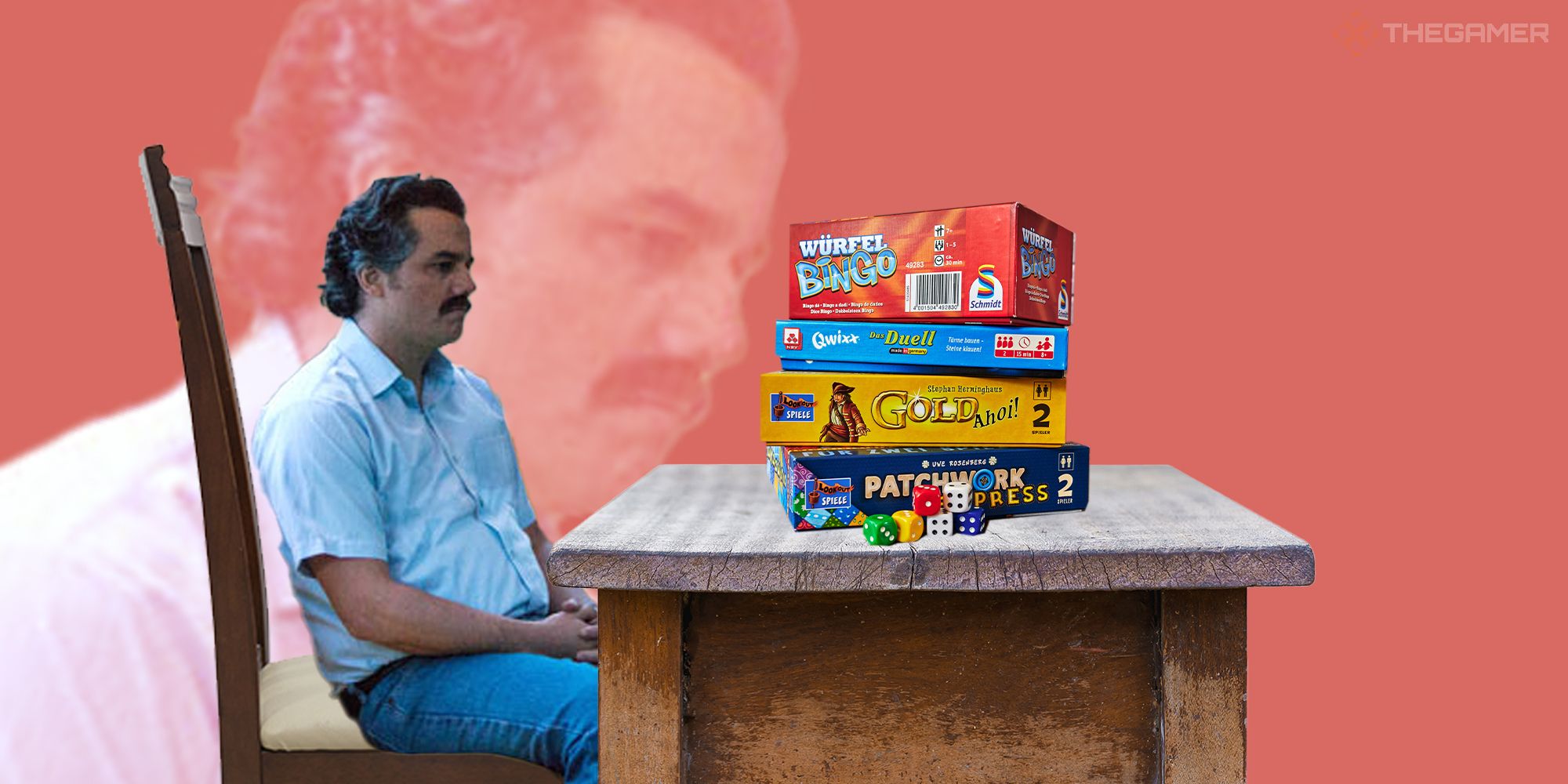A sad and lonely Pablo Escobar sits in front of a table with a stack of board games that no one will play with him.