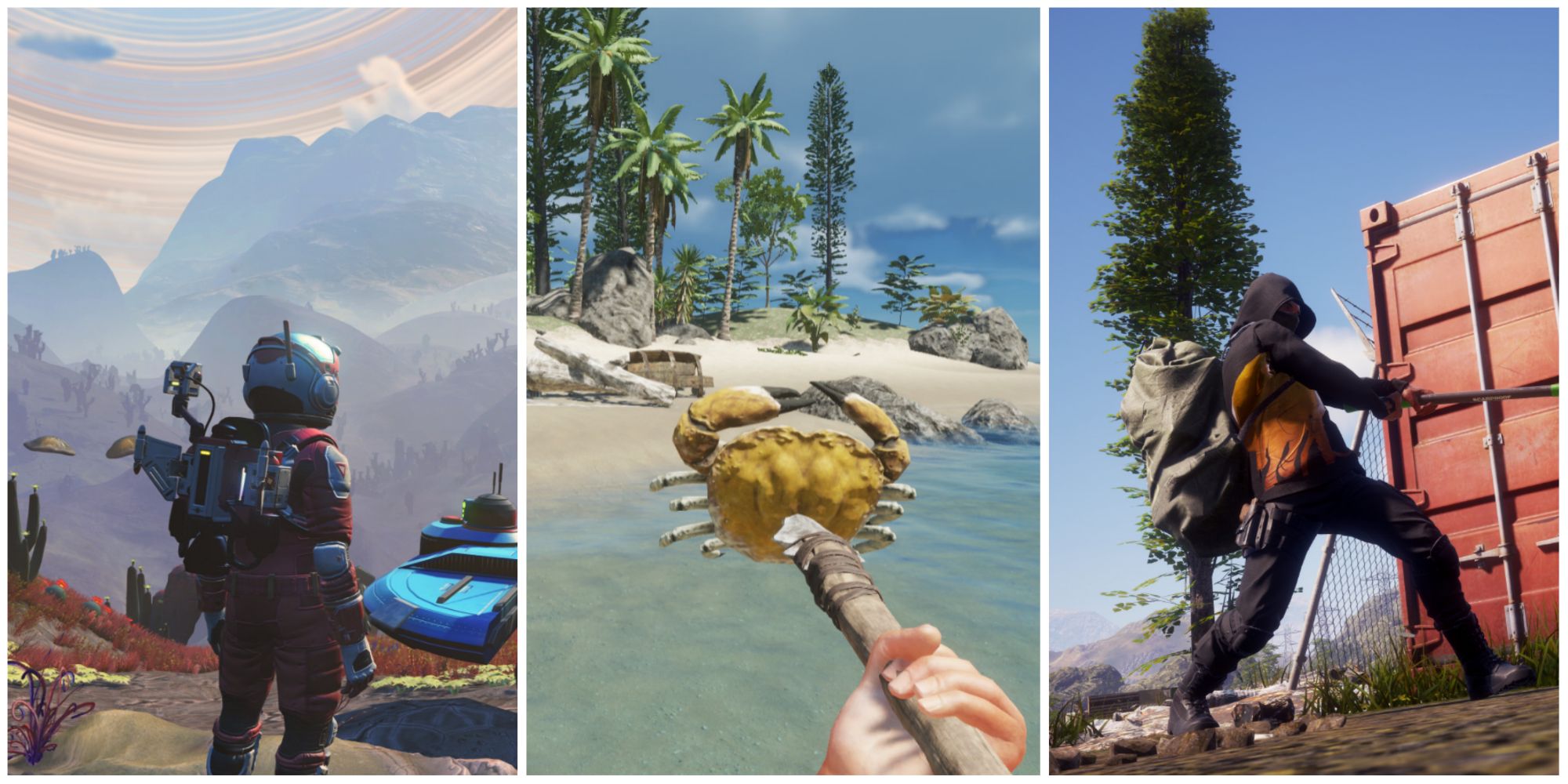 looking over a valley in No Man's Sky, spearing a crab in Stranded Deep, swinging a hammer in State of Decay 2 featured