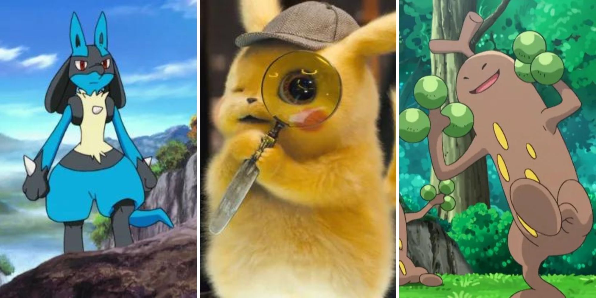 Lucario stands on a rock, Detective Pikachu looks through a magnifying glass, Sudowoodo dances in a jungle