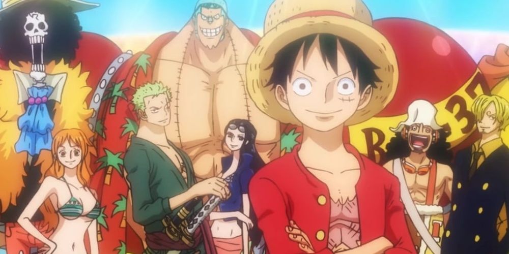 Luffy and his crew standing in the One Piece anime