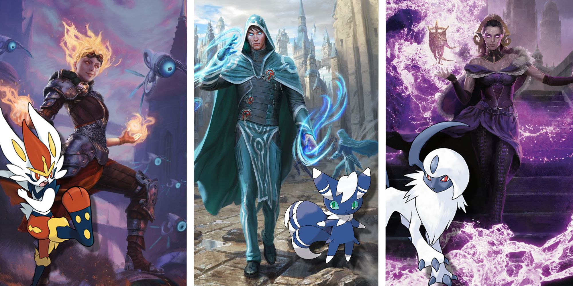 Chandra and Cinderace, Jace and Meowstic, Liliana and Absol