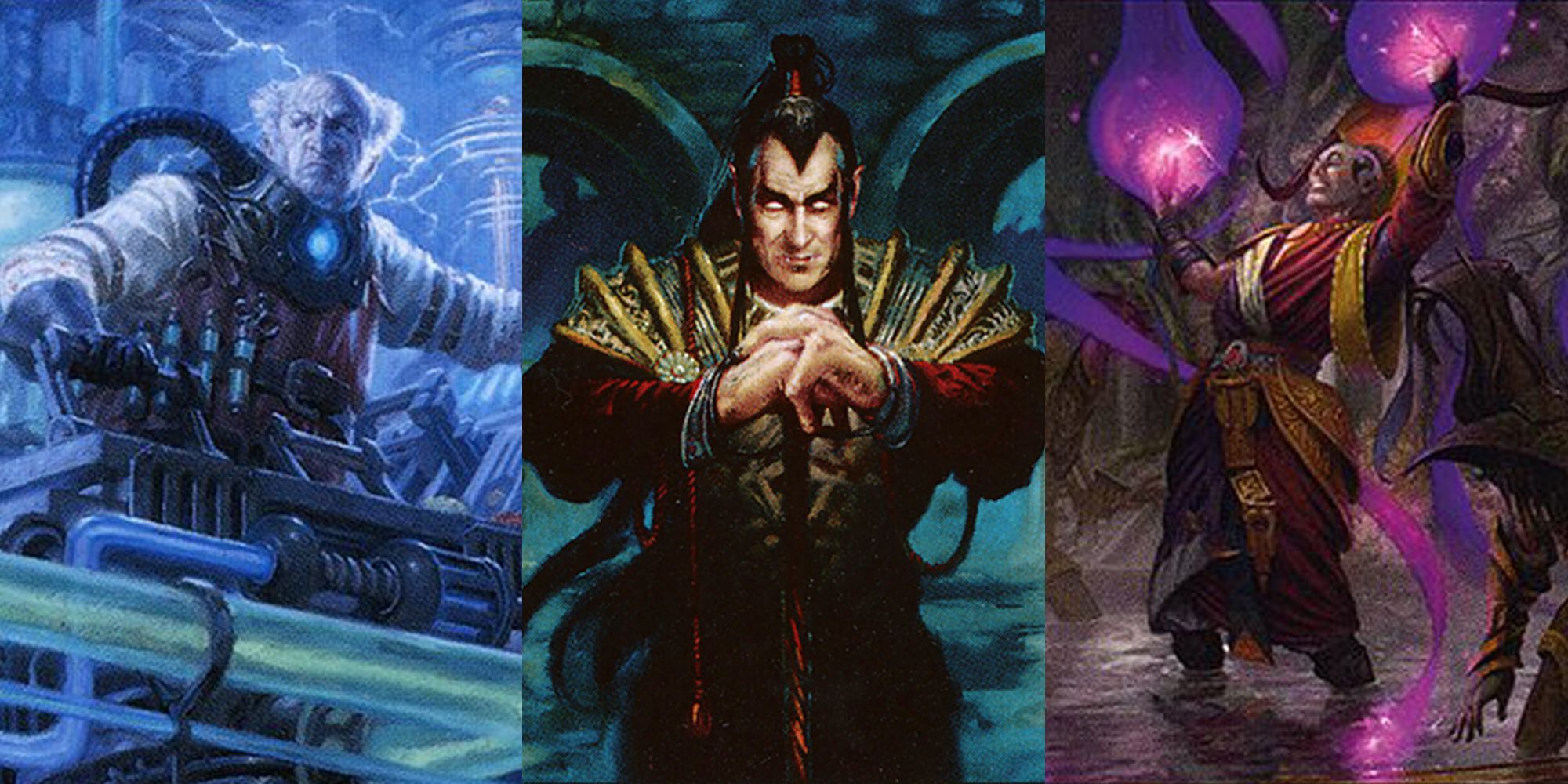 Magic The Gathering card art: Ludevic, Necrogenius -- Szadek, Lord of Secrets -- Taigam, Sidisi's Hand