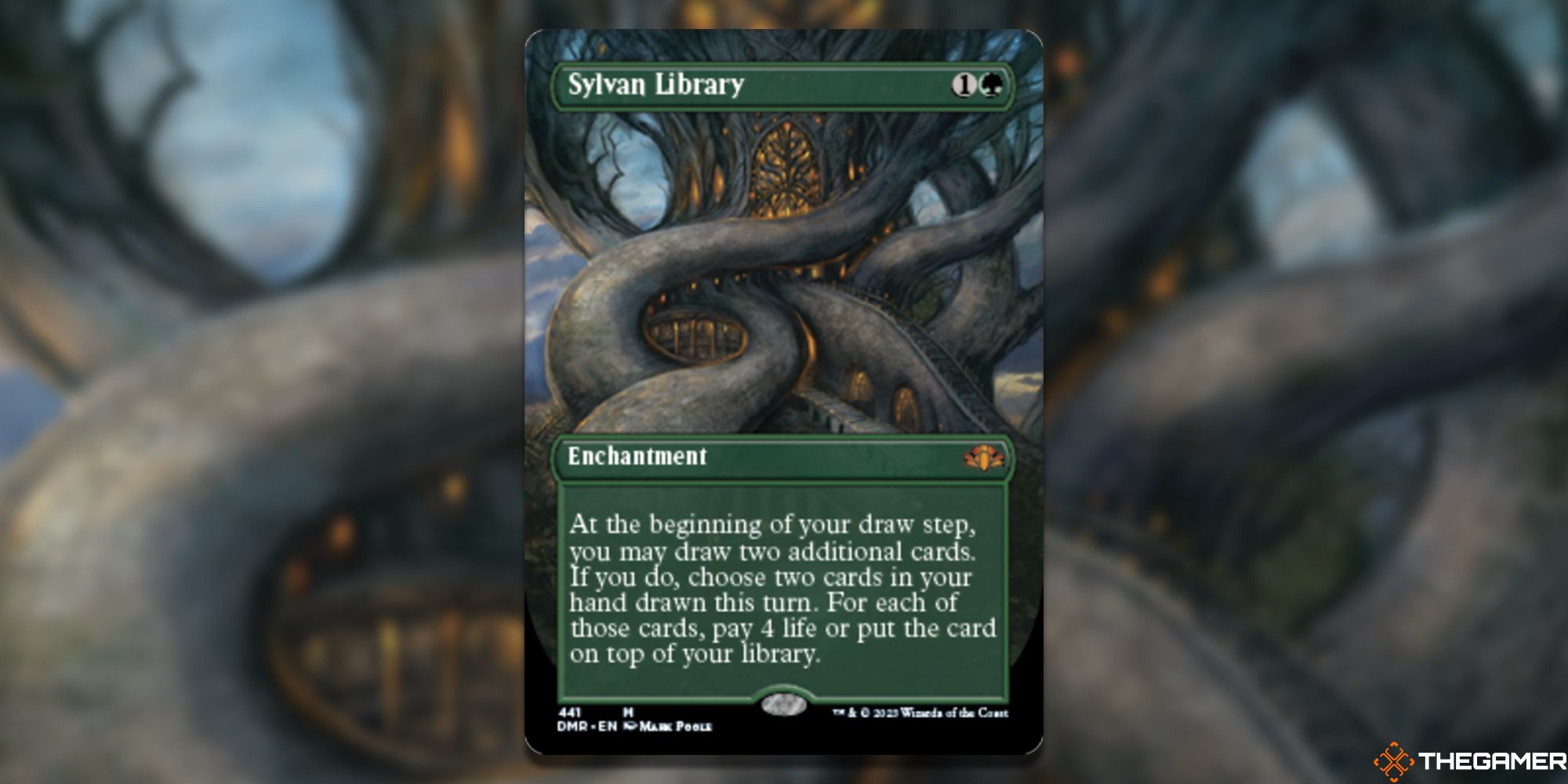  Image of the Sylvan Library Borderless card in Magic: The Gathering, with art by Mark Poole