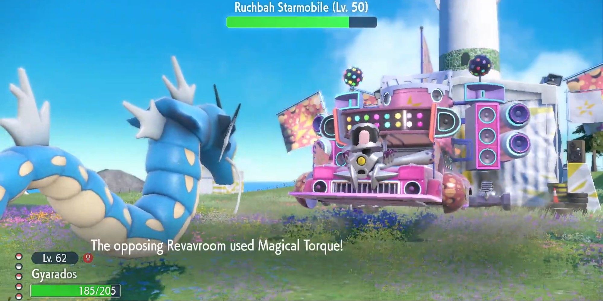 Magical Torque being used by Ruchbah Starmobile against Gyarados in Pokemon Scarlet and Violet
