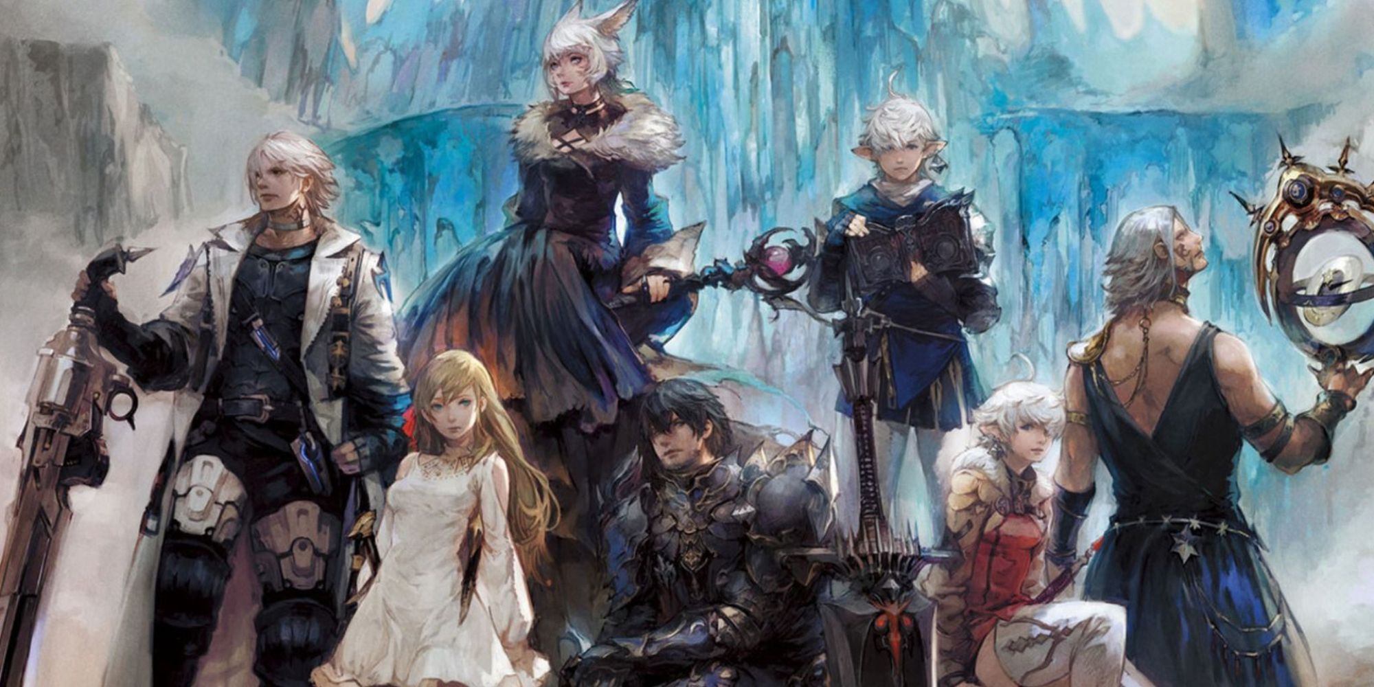 Official artwork of the main cast of Final Fantasy 14 standing with weapons primed.