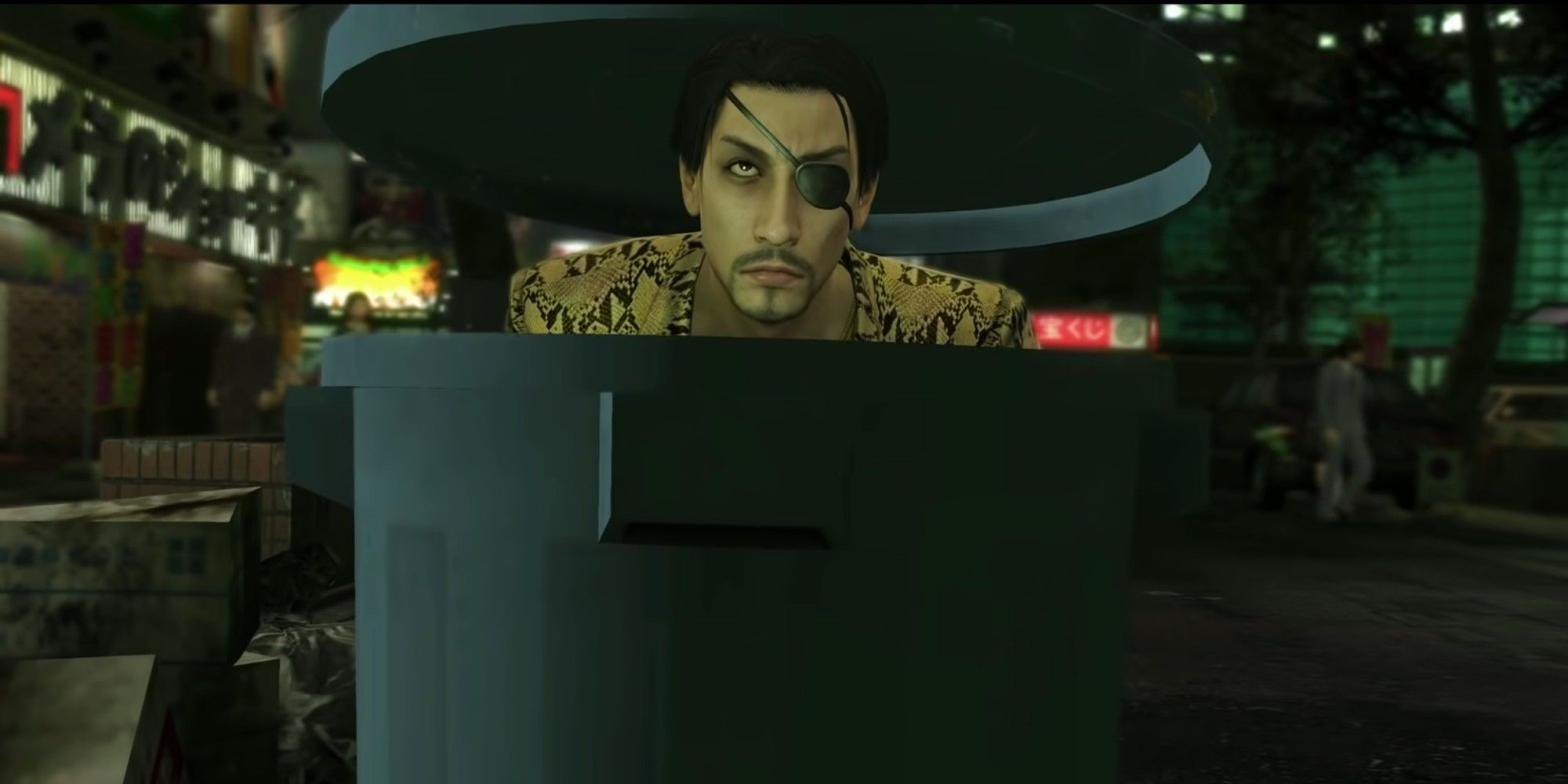 Majima pops out of a trash can