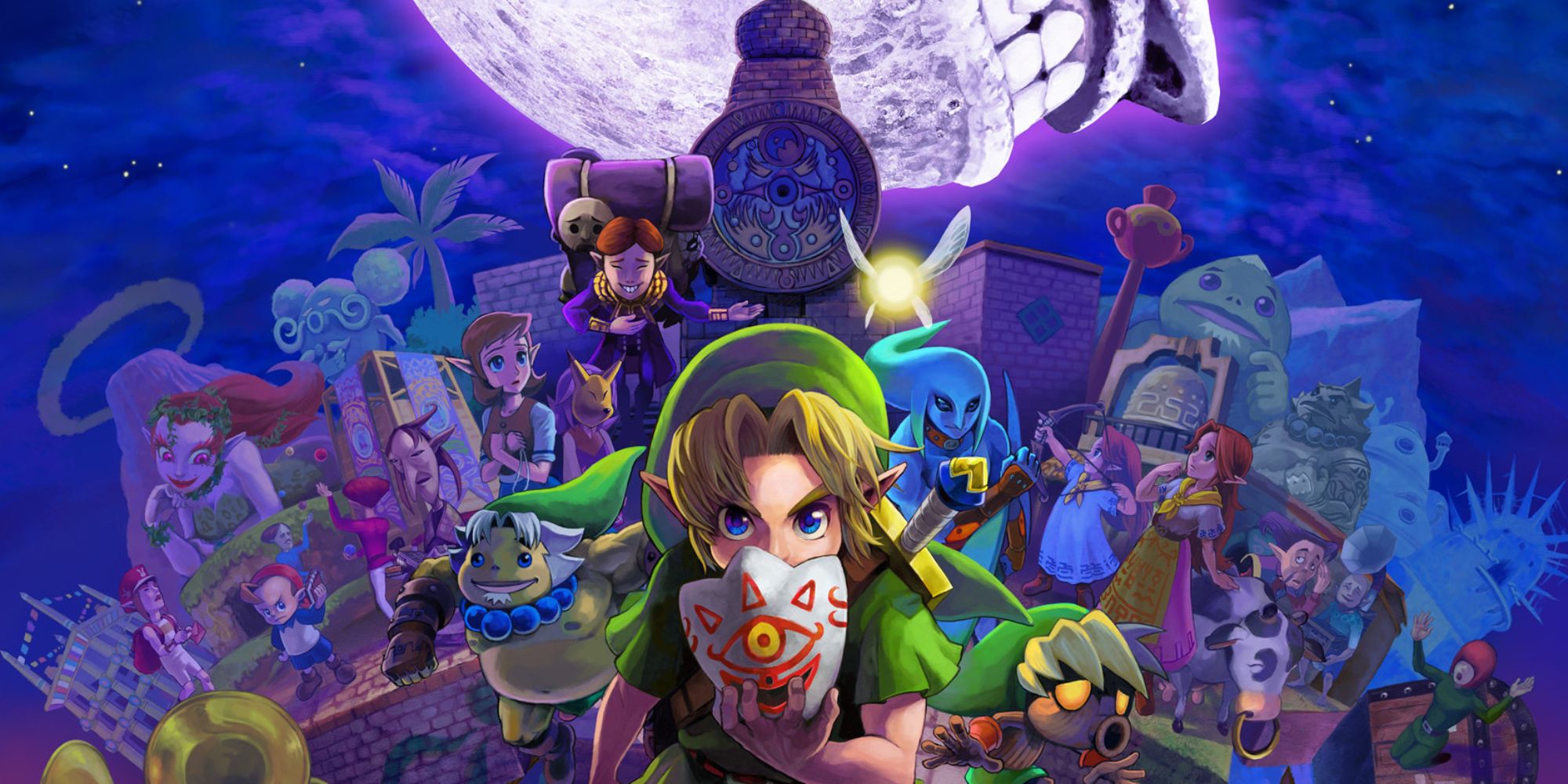 Majora's Mask official art showing Link holding the Mask of Truth with various characters and the moon in the background.