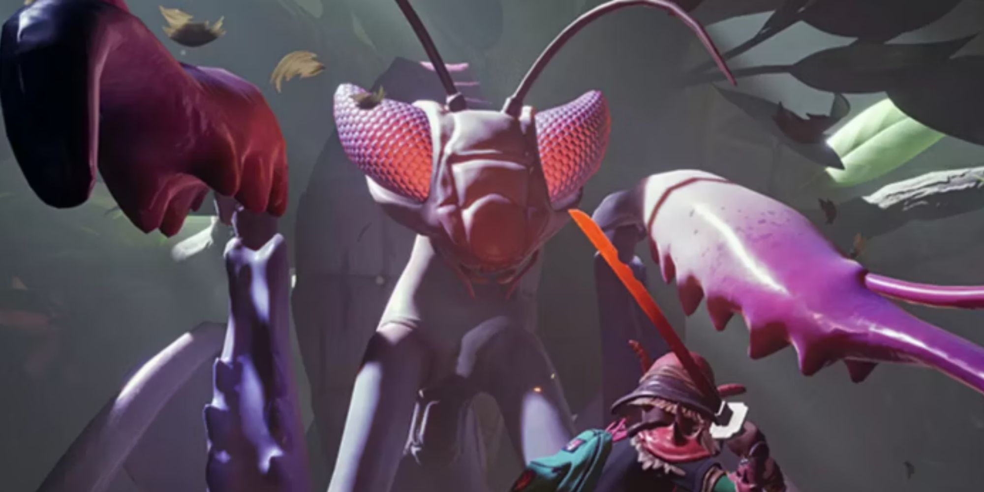 The Mantis Boss towers over the smaller main character.