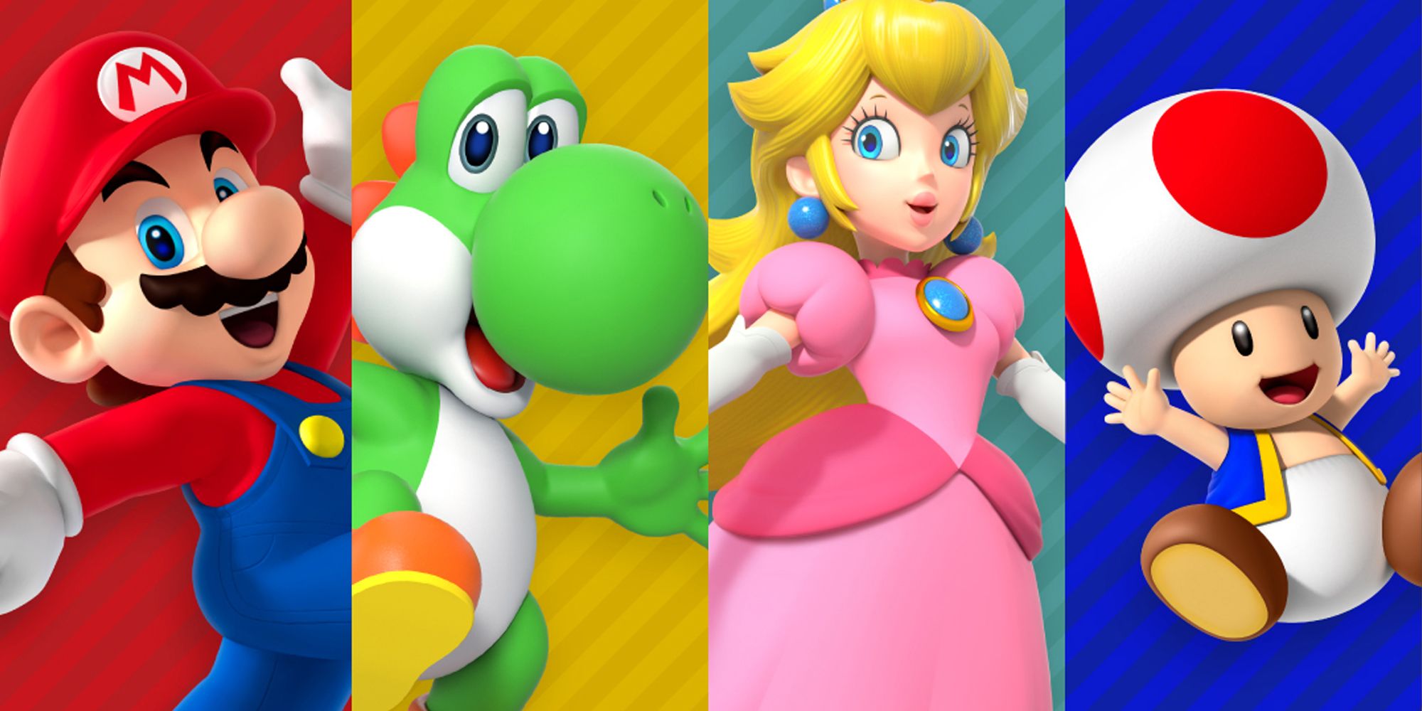 Mario on a red background, Yoshi on a yellow background, Princess Peach on a teal background, and Toad on a blue background, split into four rectangles