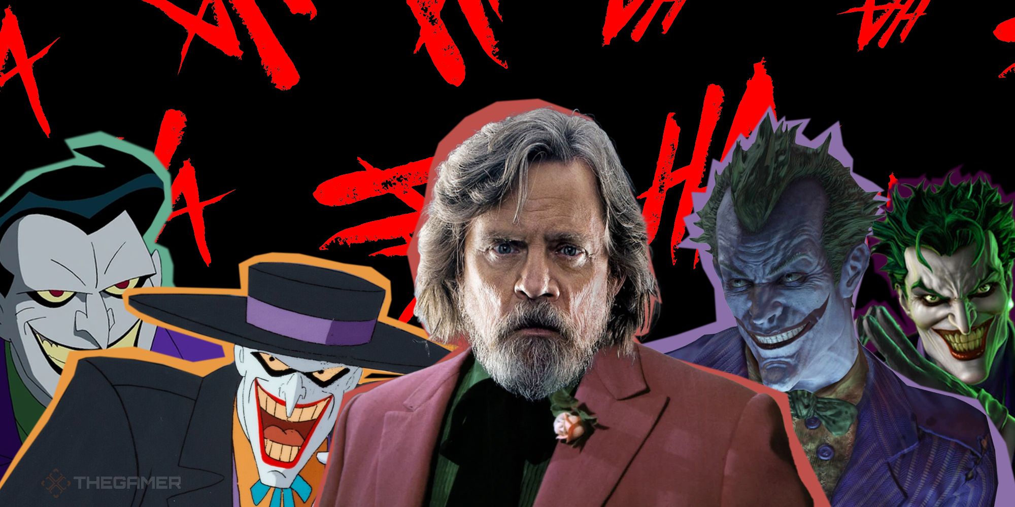 Mark Hamill surrounded by all the Jokers he has played