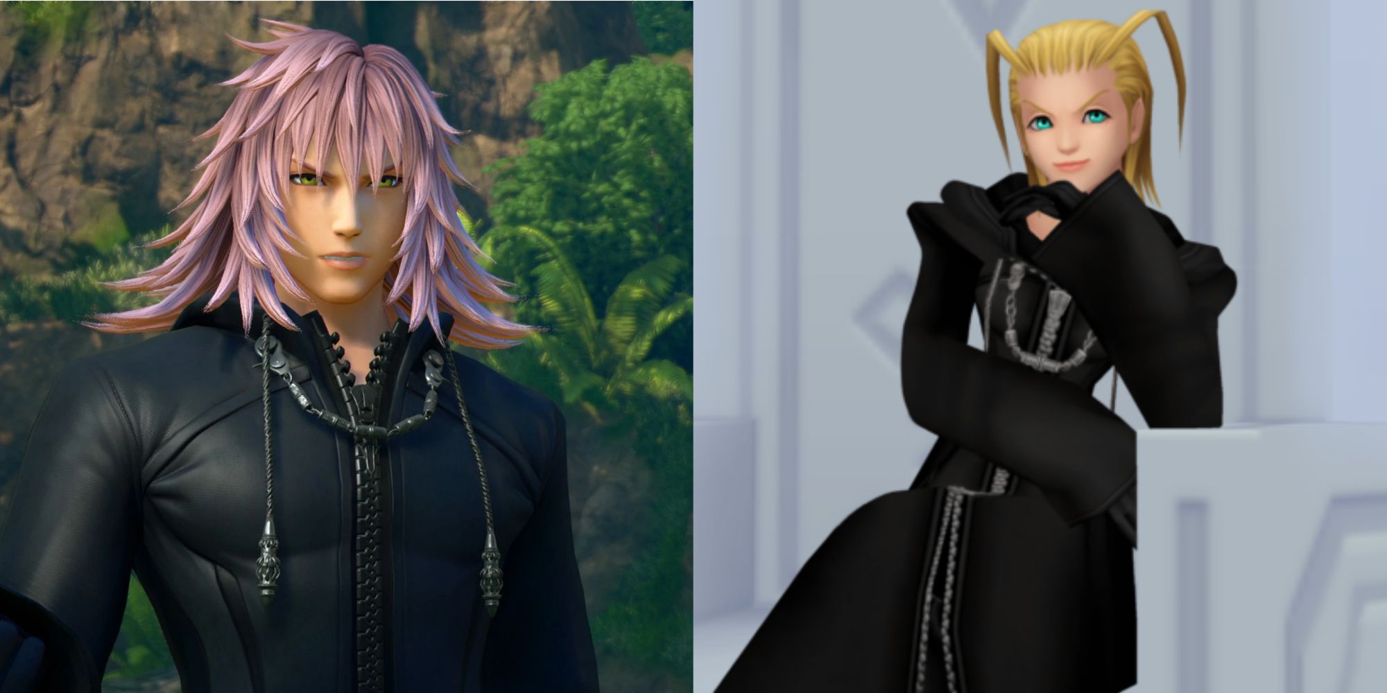 Split image screenshots of Marluxia and Larxene wearing the black Organization XIII coat in Kingdom Hearts