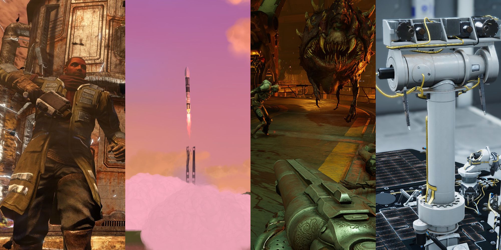 Split image showing scenes from games set on Mars, including Red Faction Guerilla, Mars Horizon, Doom, and Rover Mechanic Simulator
