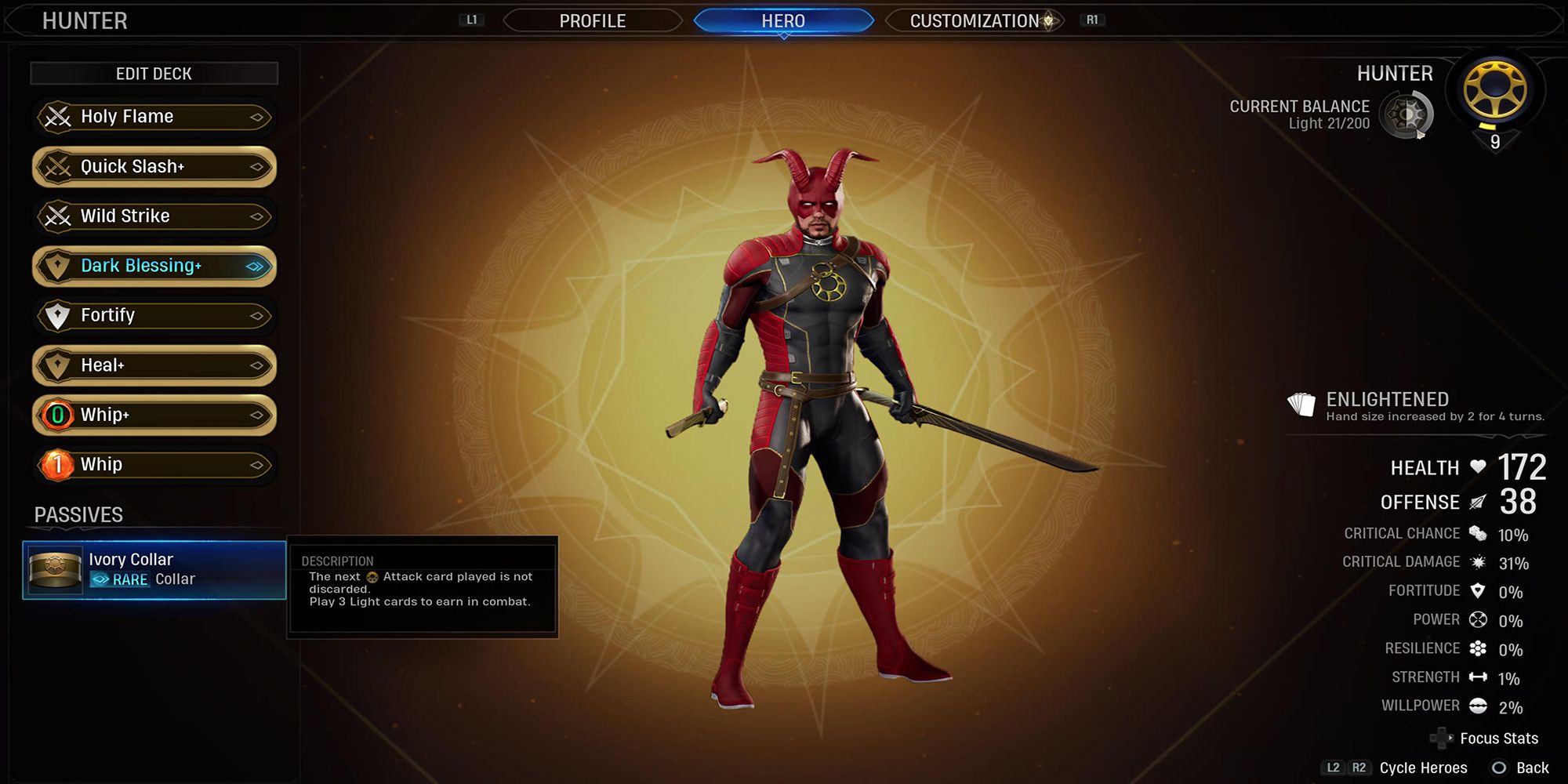 The Hunter, donning a red suit and horns, in the Hero menu in Marvel's Midnight Suns.