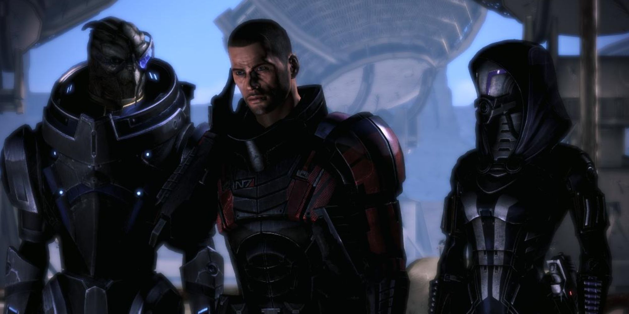 Mass Effect 3 screenshot showing Garrus Shepard and Tali huddled together.