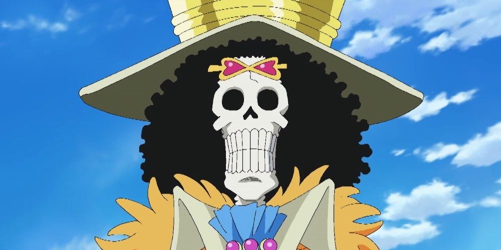 Brook the living skeleton musician stares into the camera in the One Piece anime