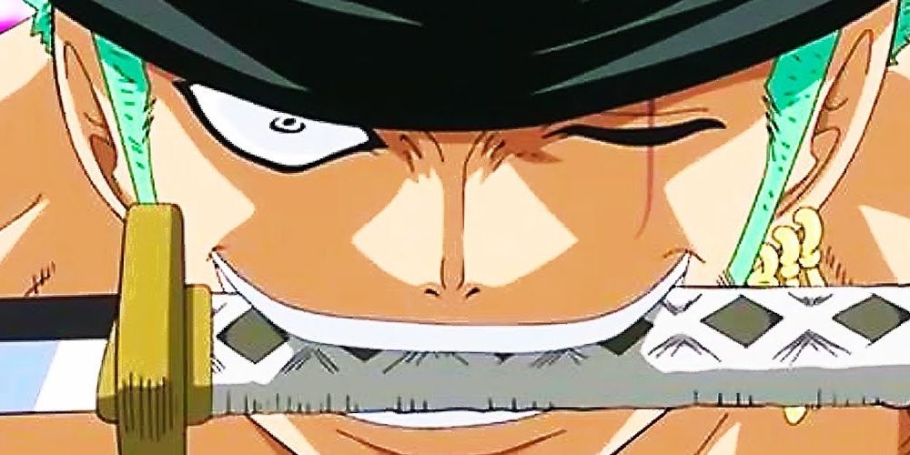 Zoro biting his swords hilt in the One Piece anime