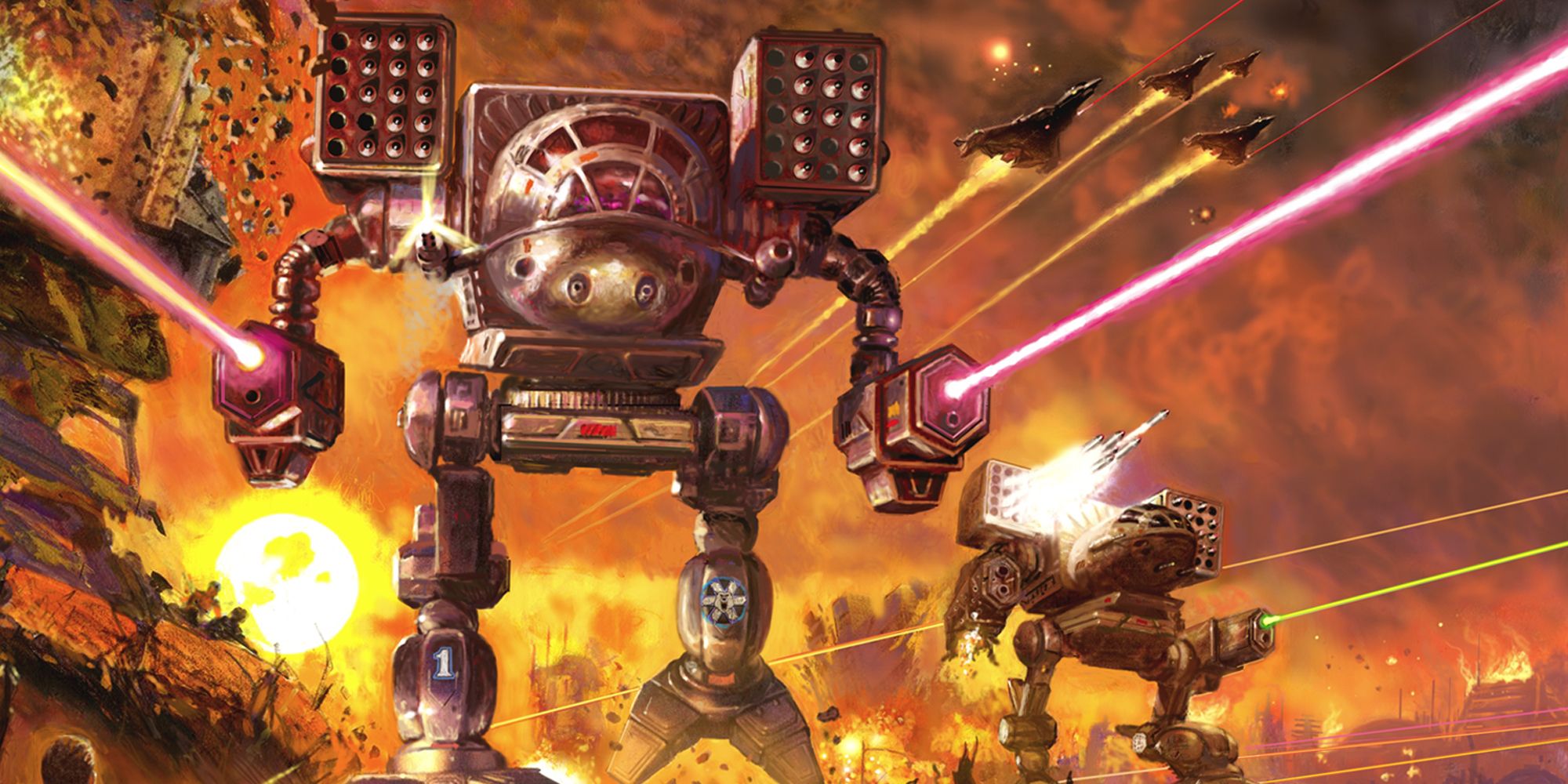 MechWarrior 5 art of two mech suits firing lasers toward the camera in a flaming ruins as military jets fly overhead