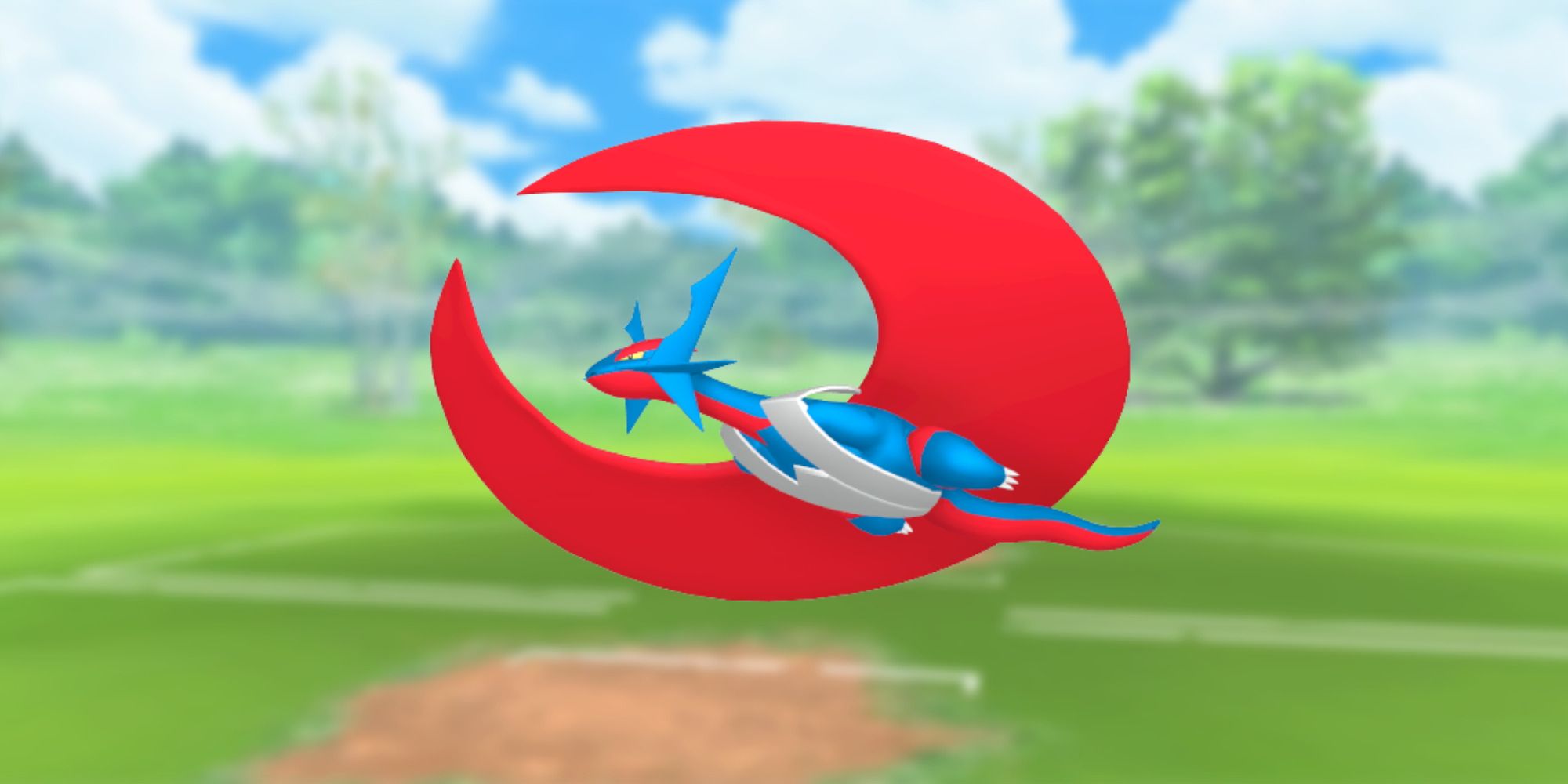 Mega Salamence from Pokemon with the Pokemon Go battlefield as the background