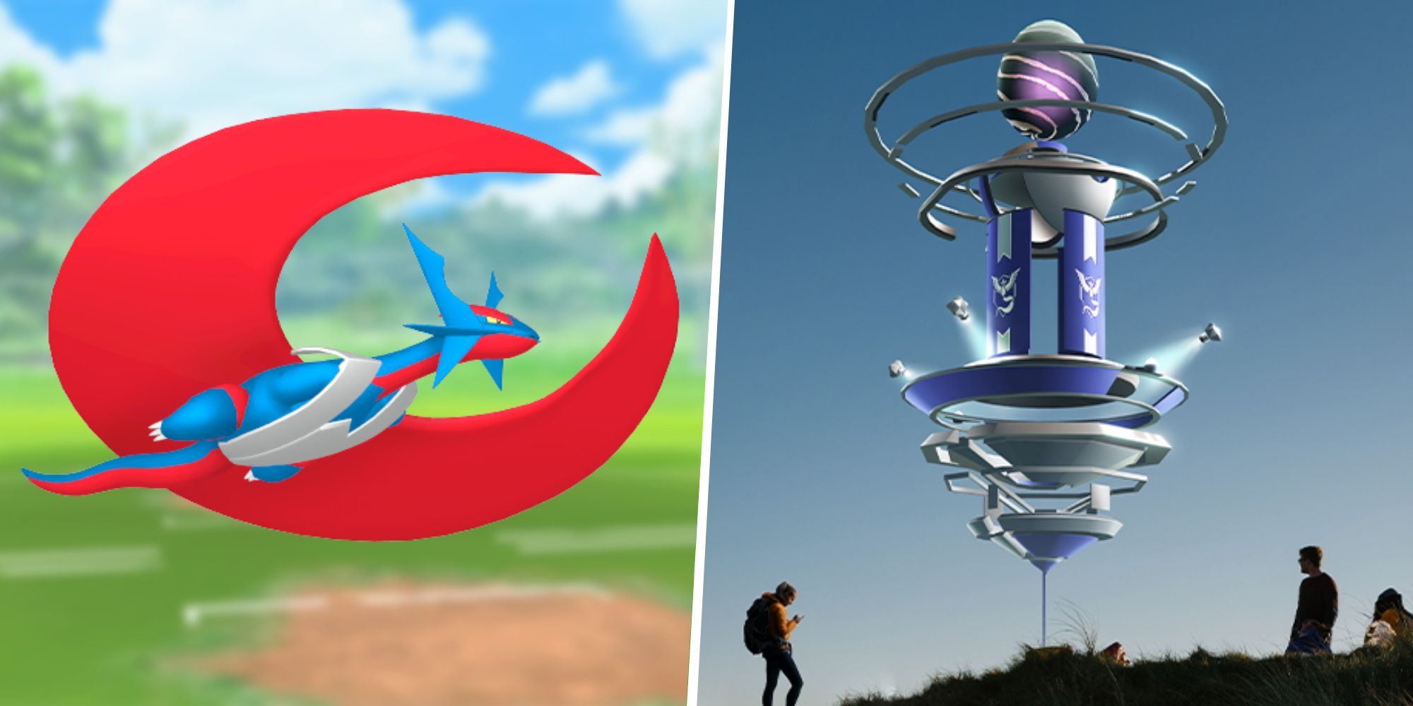 Image of Mega Salamence split with an image of a Pokemon Go Raid with people around it