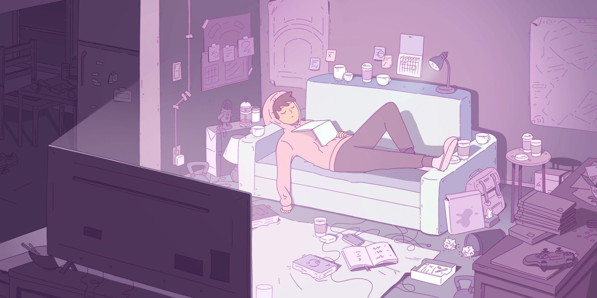 A man in a pink sweater lays on a couch surrounded by junk